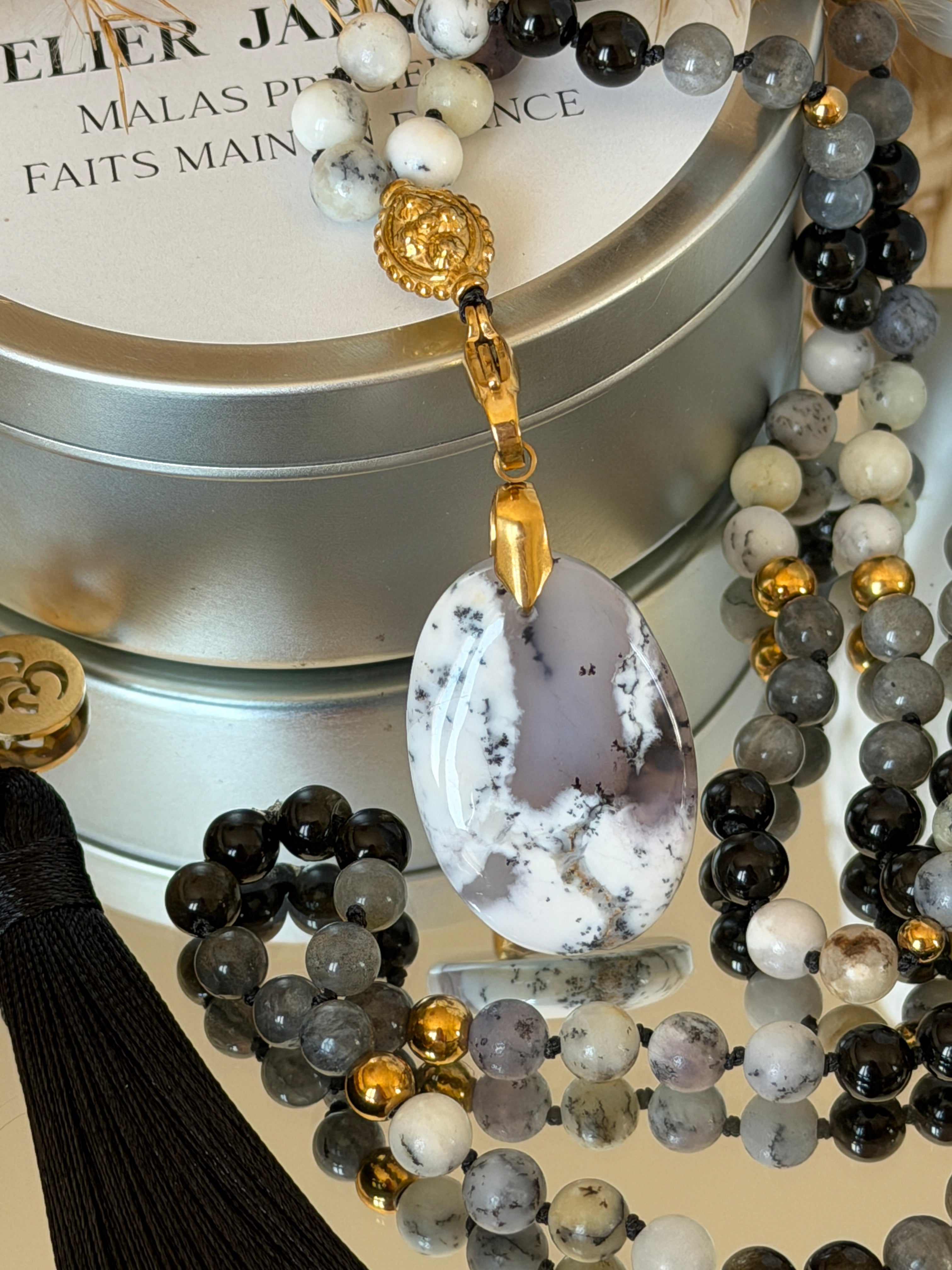Mala n°134 - Clairvoyance - Opale dendritique, Obsidienne dorée et Labradorite