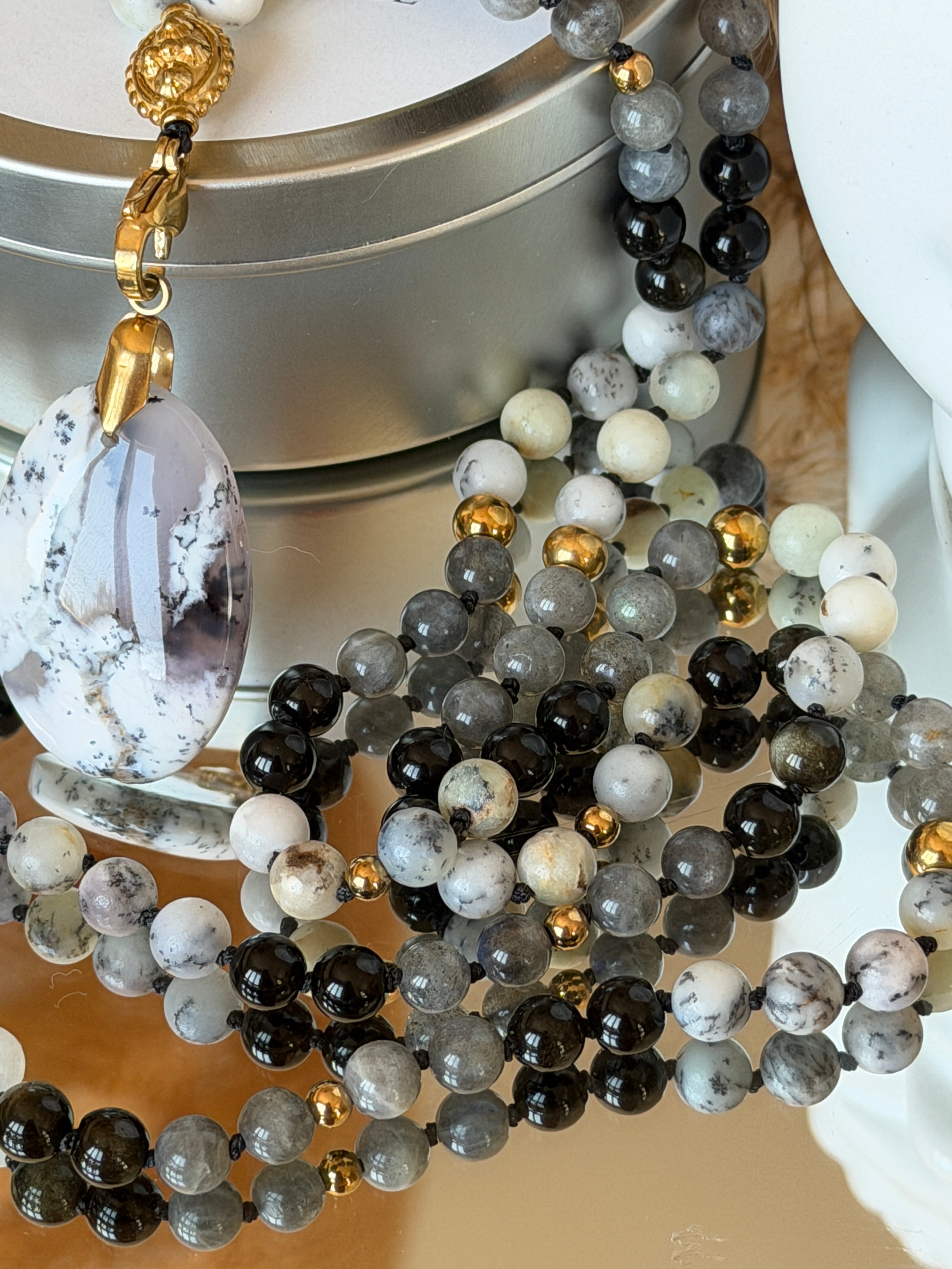 Mala n°134 - Clairvoyance - Opale dendritique, Obsidienne dorée et Labradorite
