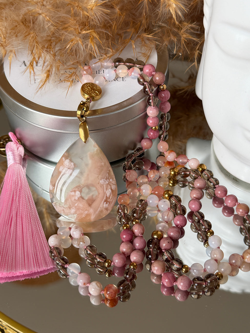 Mala n°131 - Douce éclosion - Agate fleur de cerisier, Quartz fumé et Rhodonite