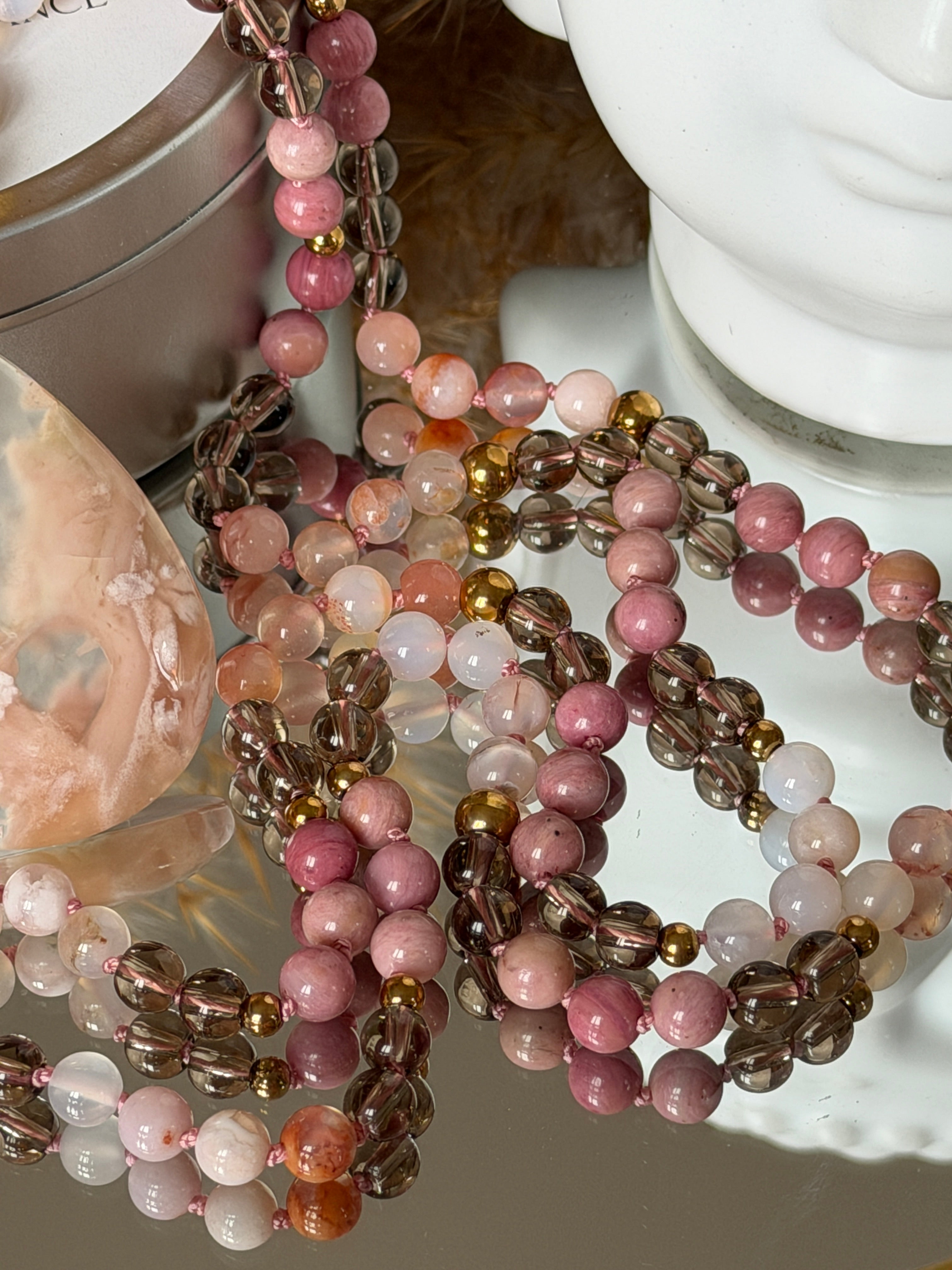 Mala n°131 - Douce éclosion - Agate fleur de cerisier, Quartz fumé et Rhodonite