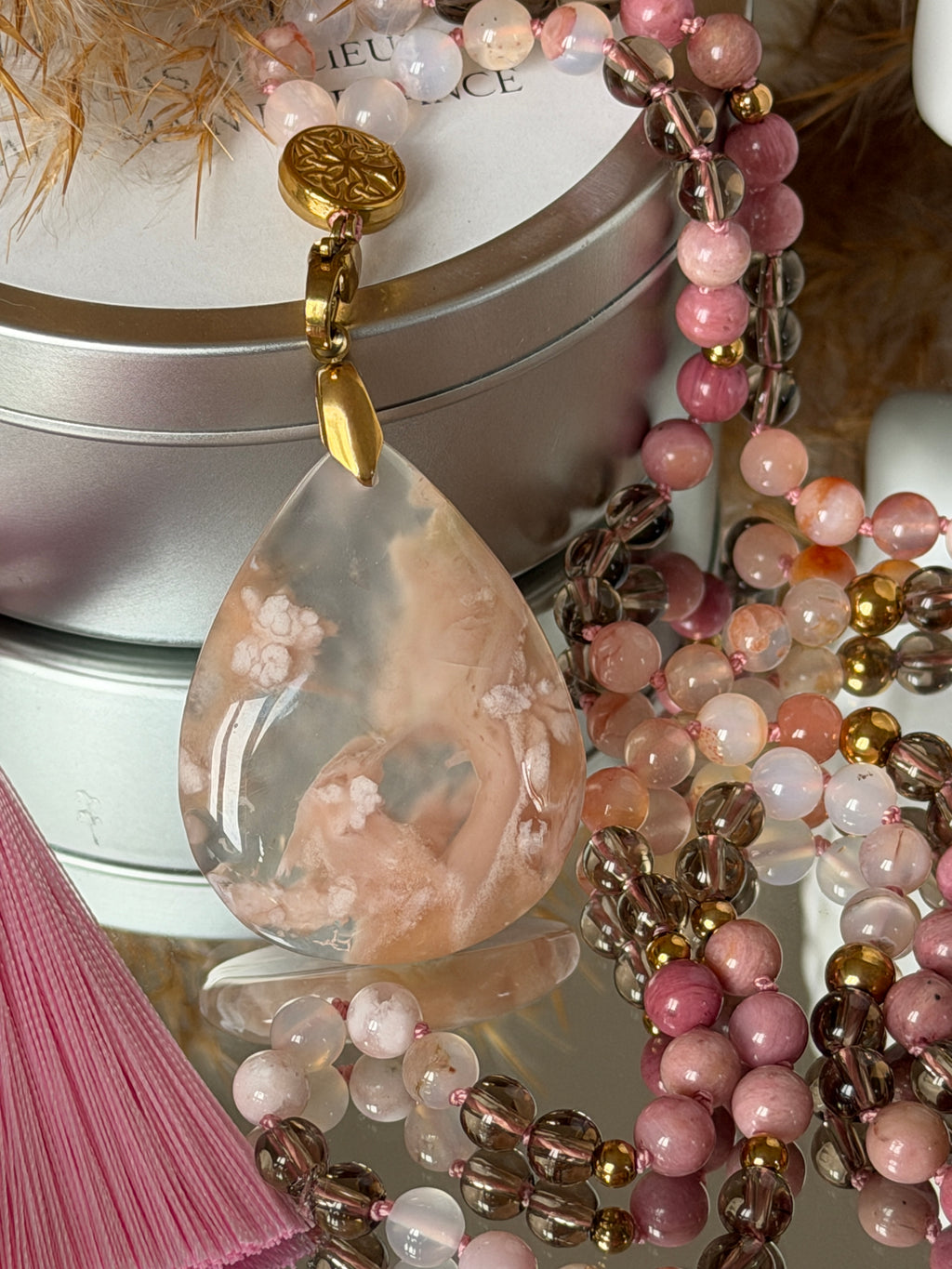 Mala n°131 - Douce éclosion - Agate fleur de cerisier, Quartz fumé et Rhodonite