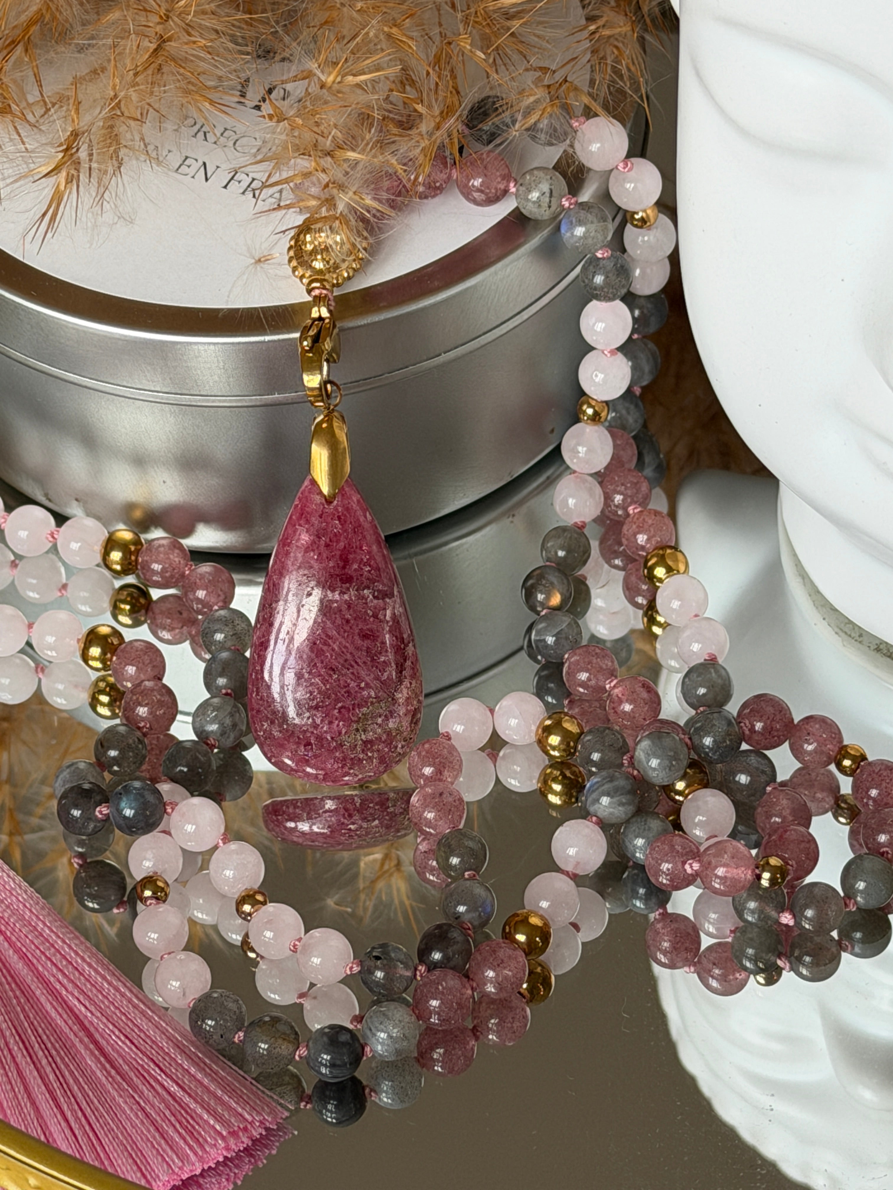 Mala n°135 - S'aimer - Labradorite, Quartz fraise et Quartz rose