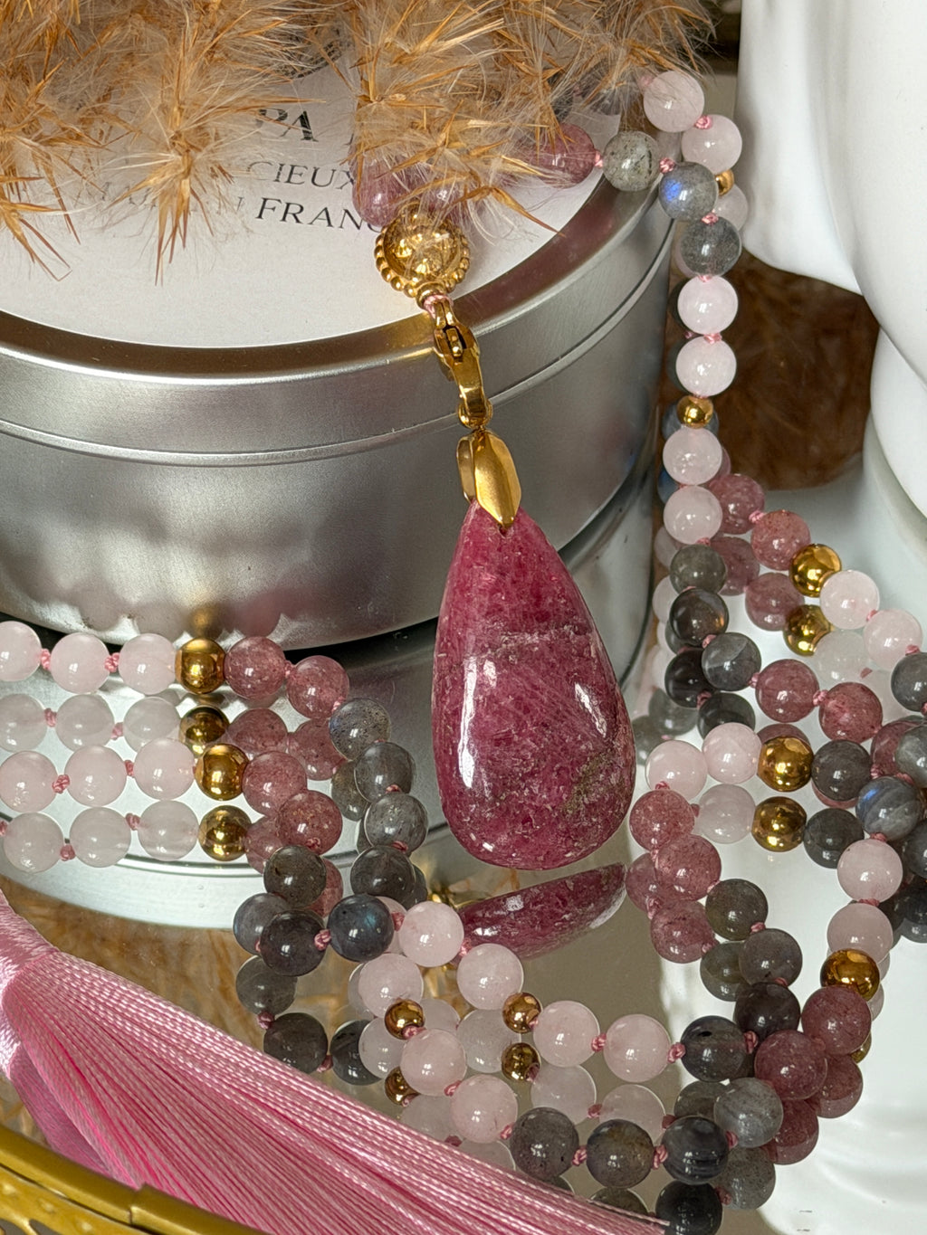 Mala n°135 - S'aimer - Labradorite, Quartz fraise et Quartz rose