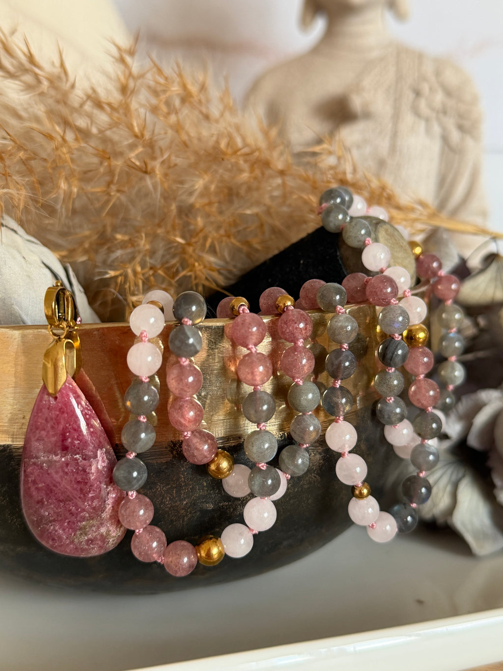 Mala n°135 - S'aimer - Labradorite, Quartz fraise et Quartz rose