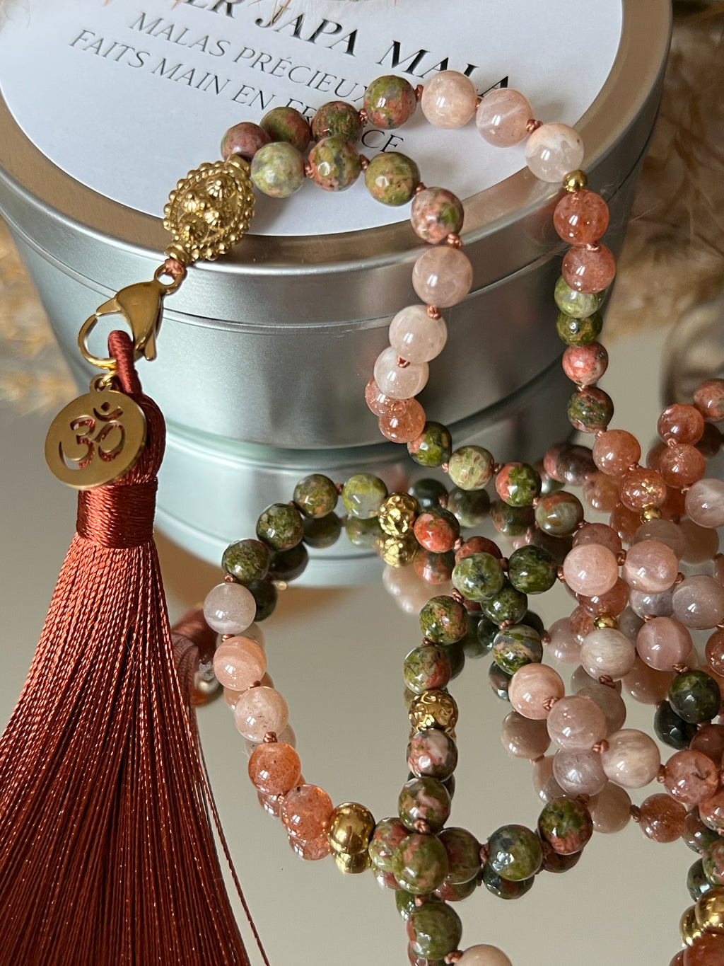 Mala n°53 - Renaissance émotionnelle - Unakite, Pierre de soleil et Pierre de lune