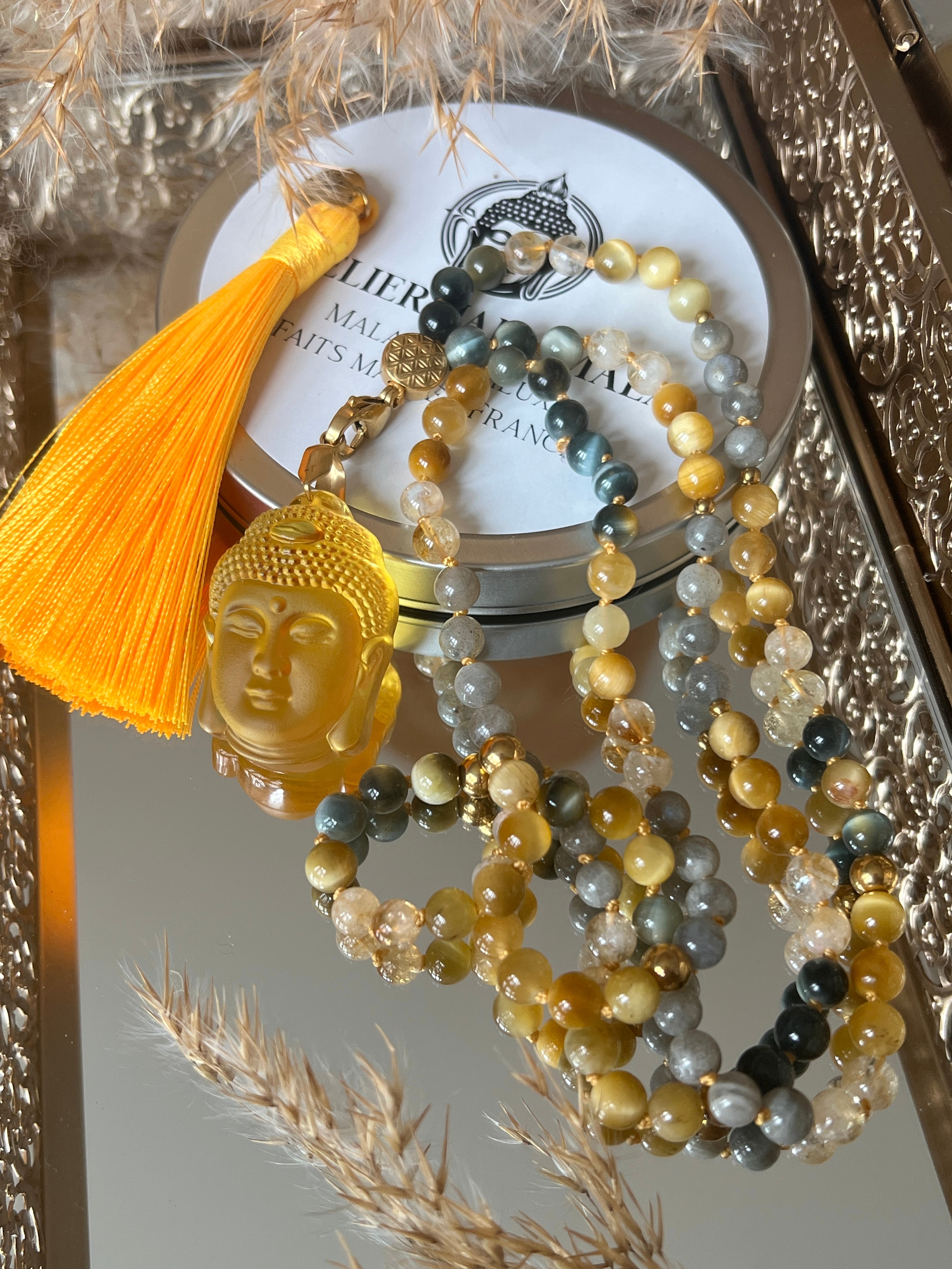 Mala n°43 - Puissance solaire - Citrine, Oeil de tigre gris et Labradorite