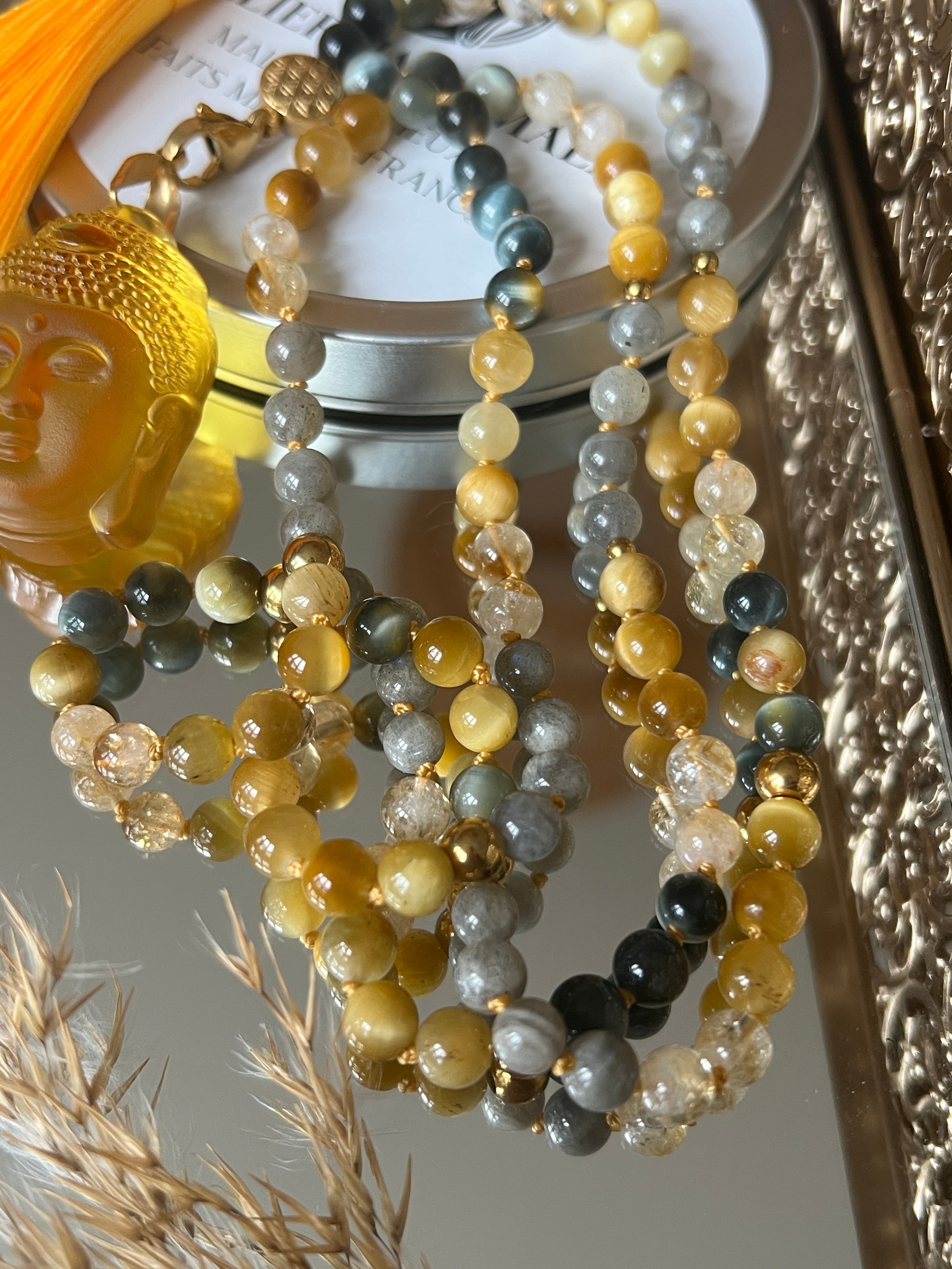 Mala n°43 - Puissance solaire - Citrine, Oeil de tigre gris et Labradorite