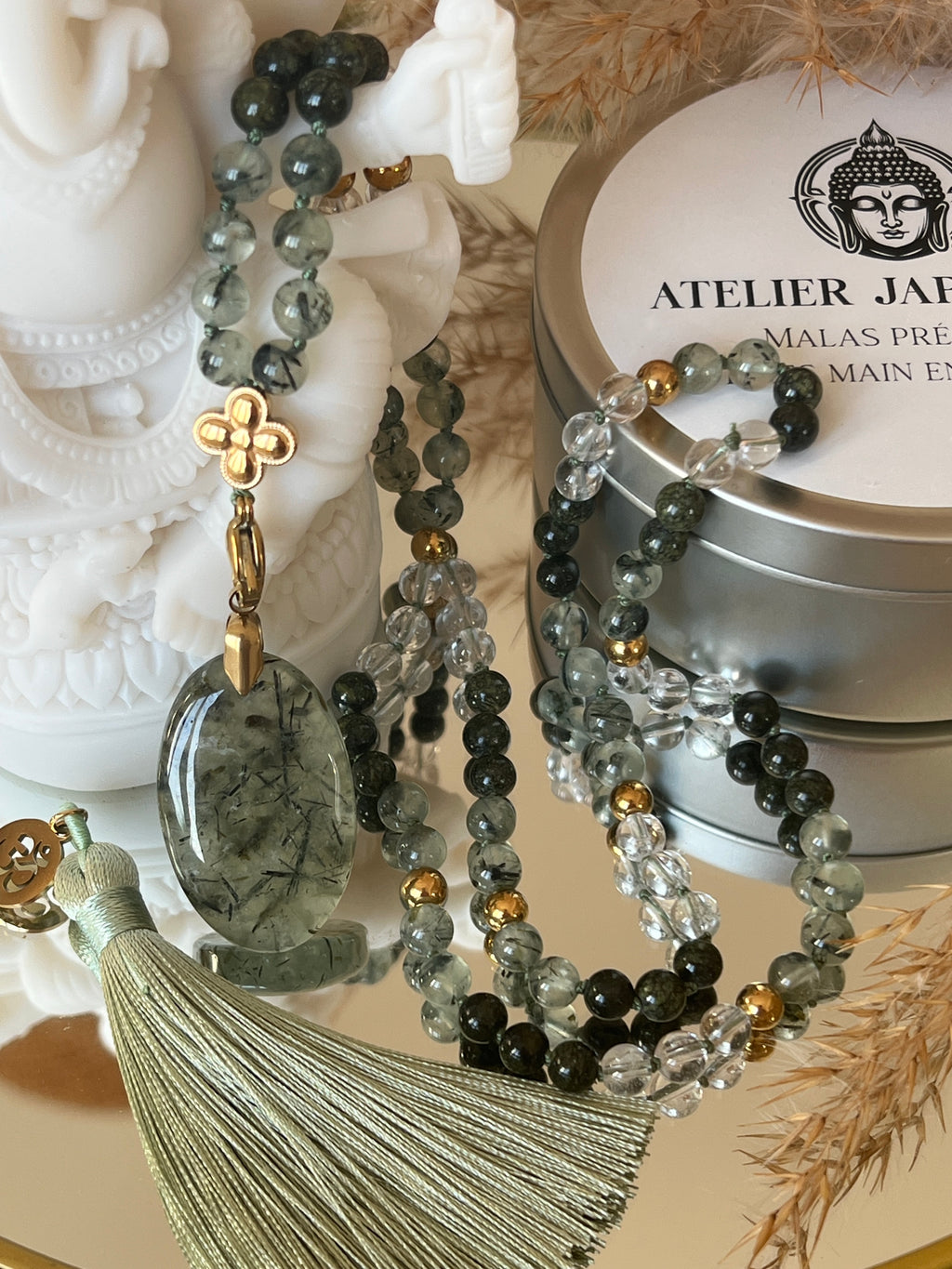 Mala n°41 - Equilibre du coeur - Préhnite, Serpentine et Cristal de roche