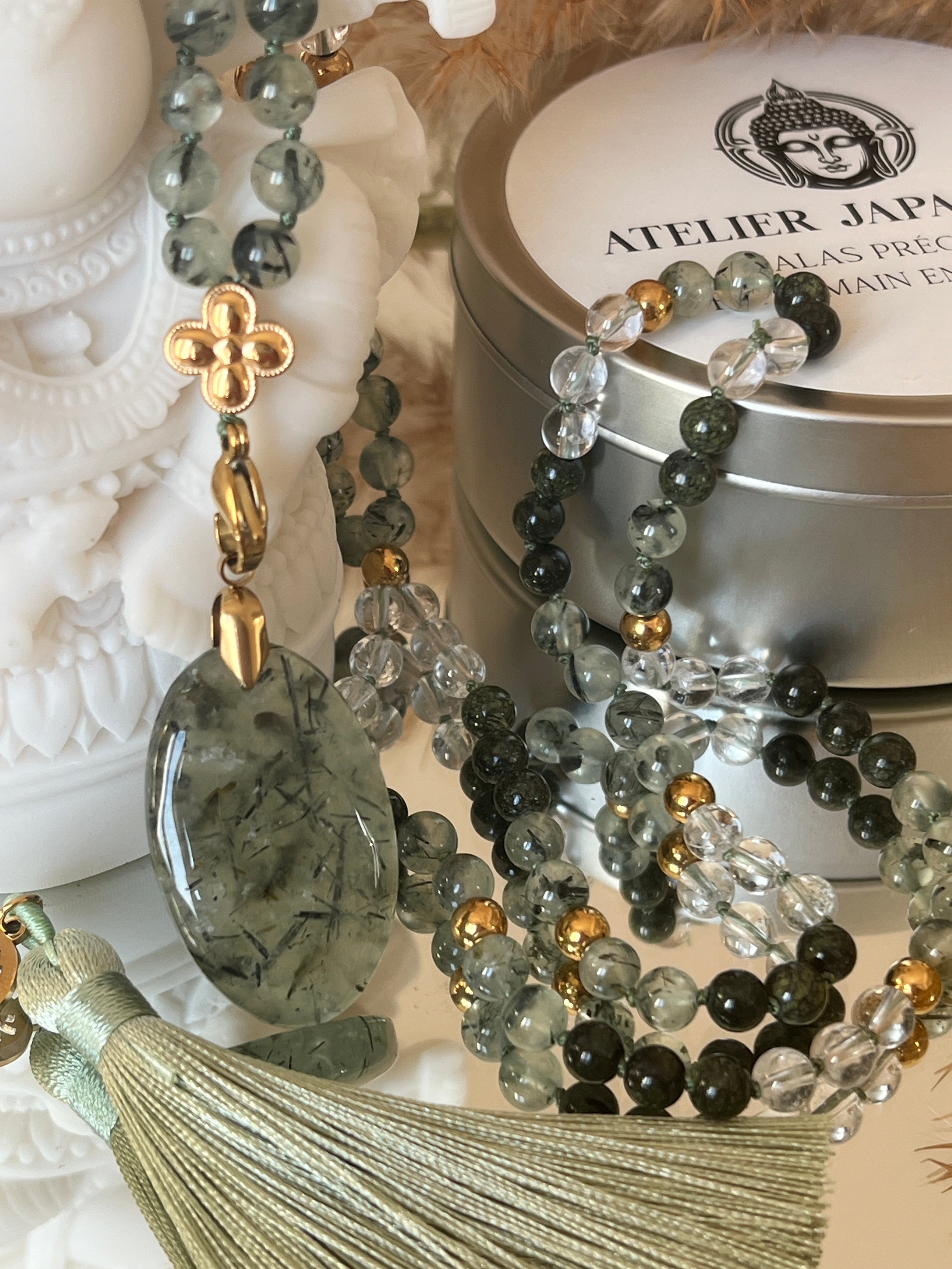 Mala n°41 - Equilibre du coeur - Préhnite, Serpentine et Cristal de roche