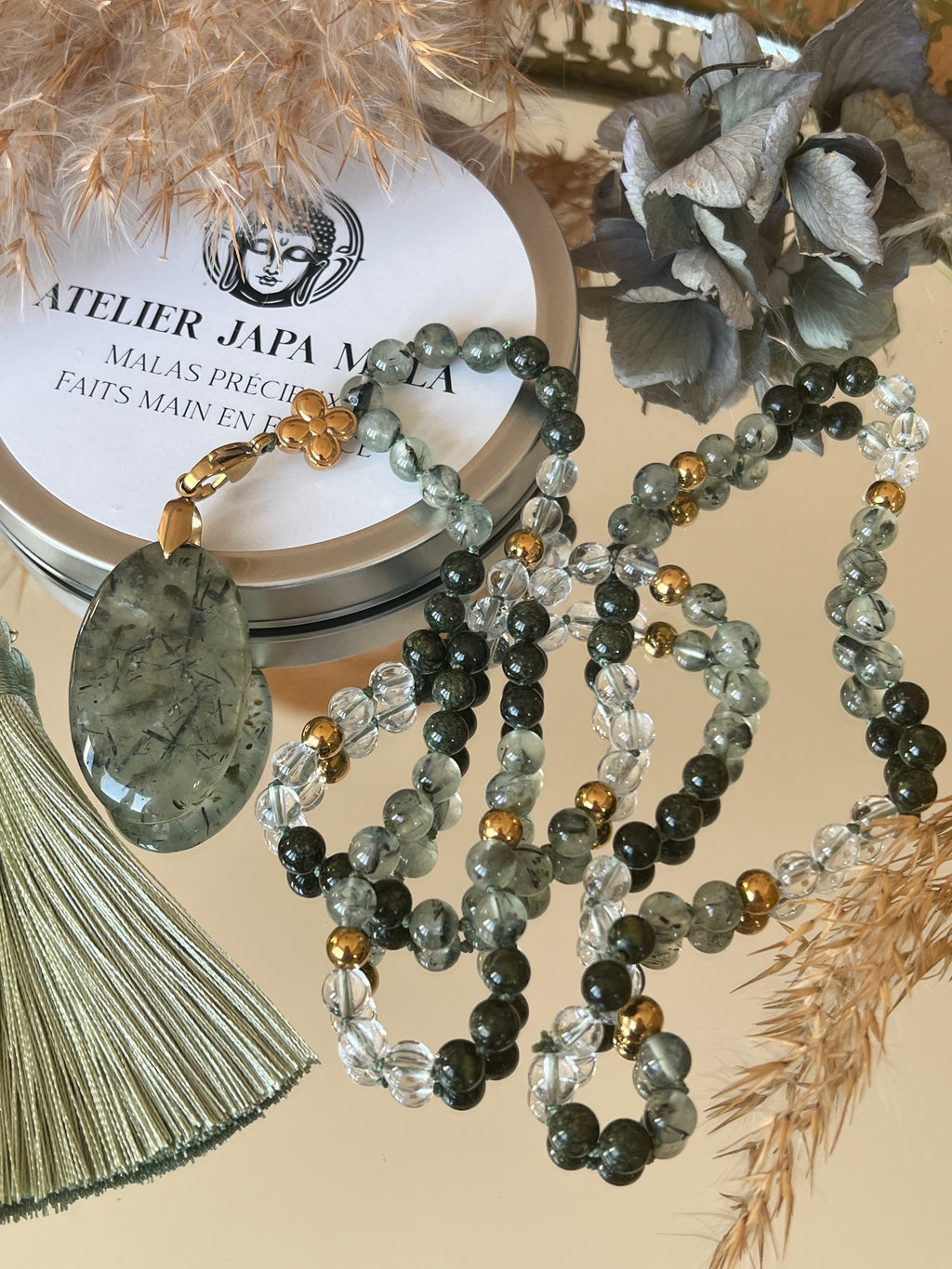 Mala n°41 - Equilibre du coeur - Préhnite, Serpentine et Cristal de roche