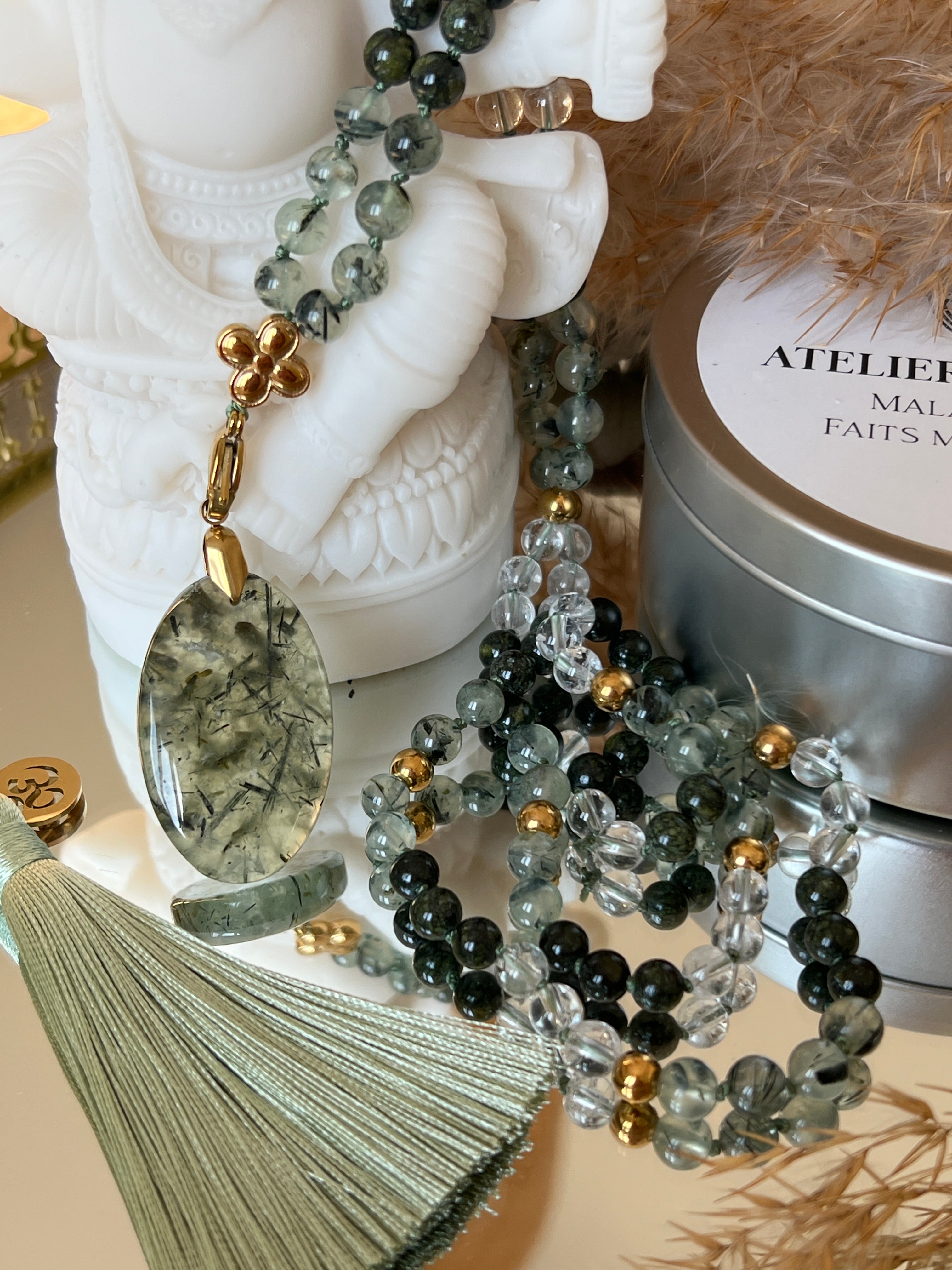 Mala n°41 - Equilibre du coeur - Préhnite, Serpentine et Cristal de roche