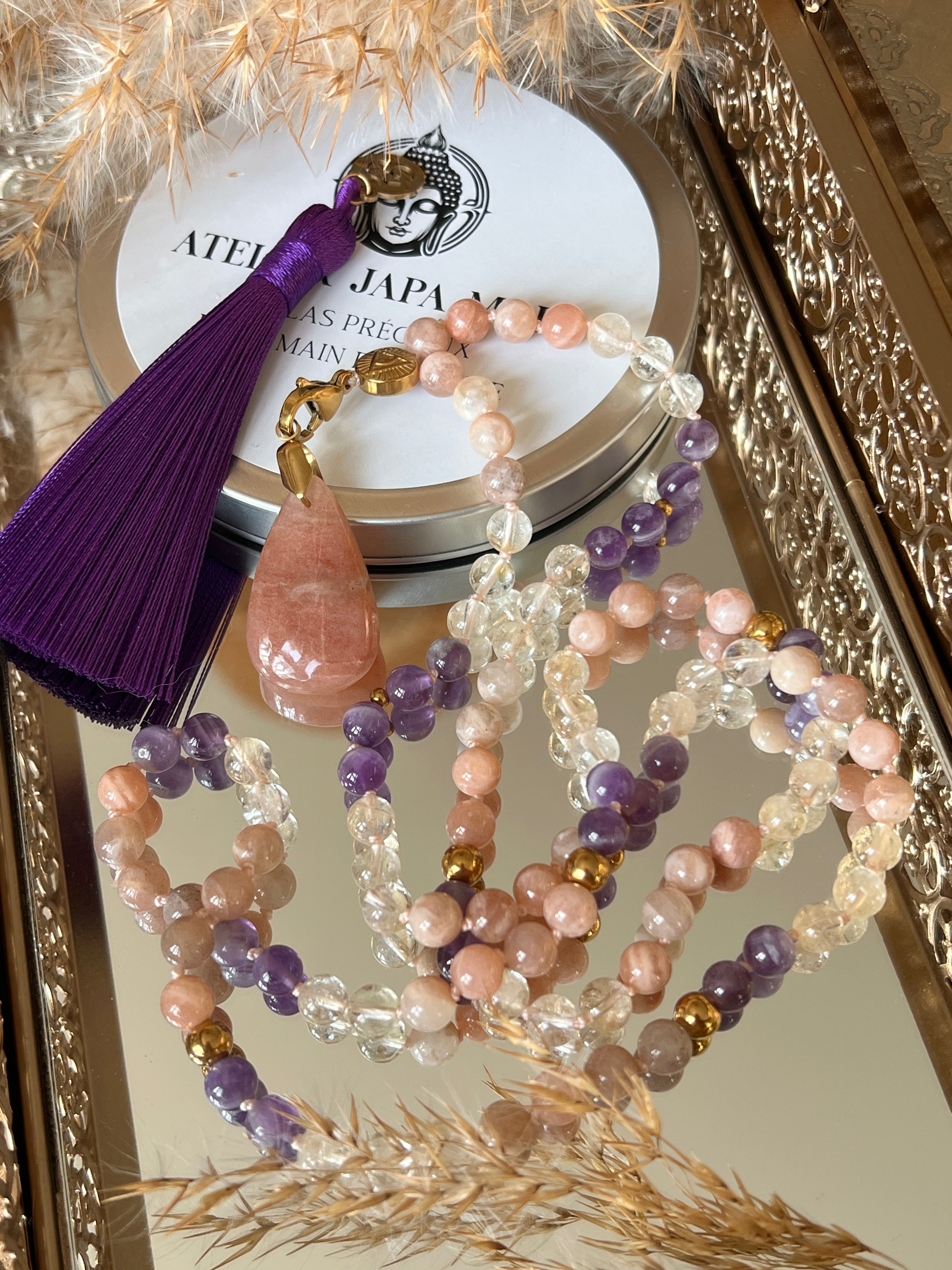 Mala n°39 - Intuition lumineuse - Pierre de lune, Citrine et Améthyste