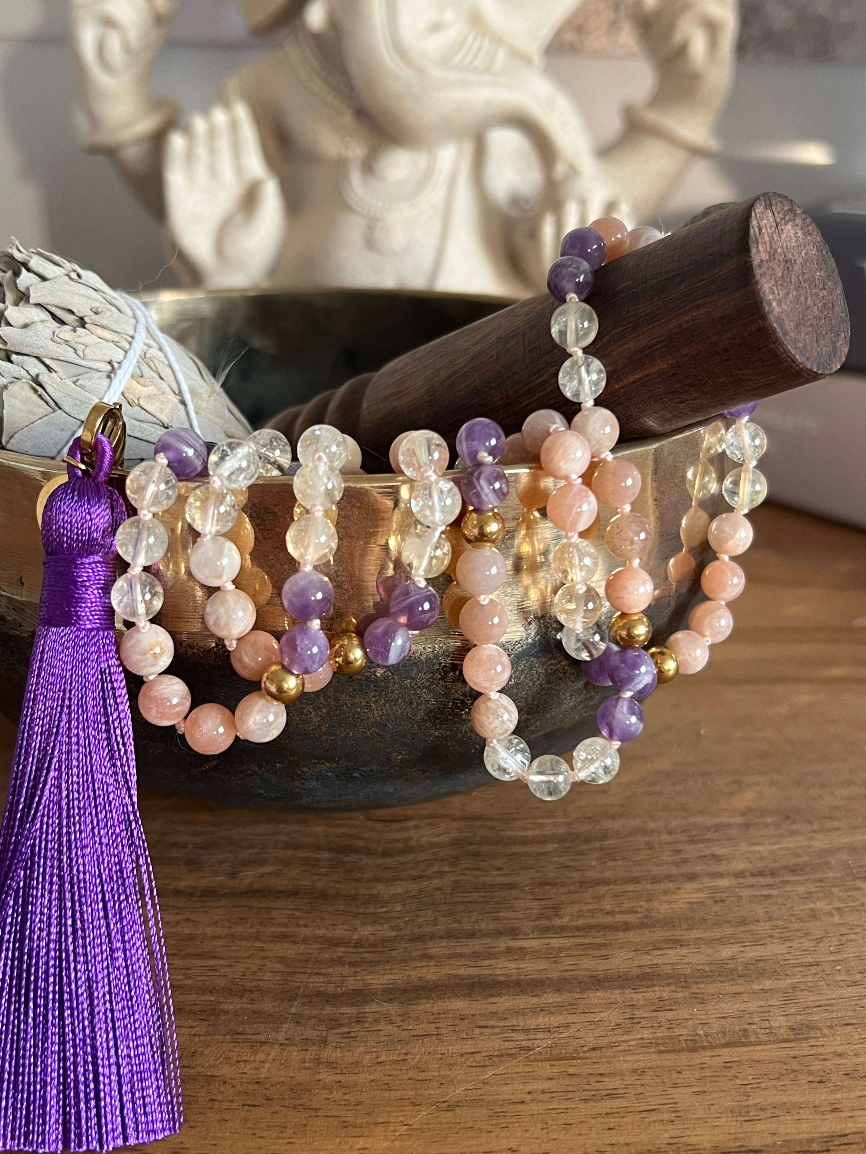 Mala n°39 - Intuition lumineuse - Pierre de lune, Citrine et Améthyste