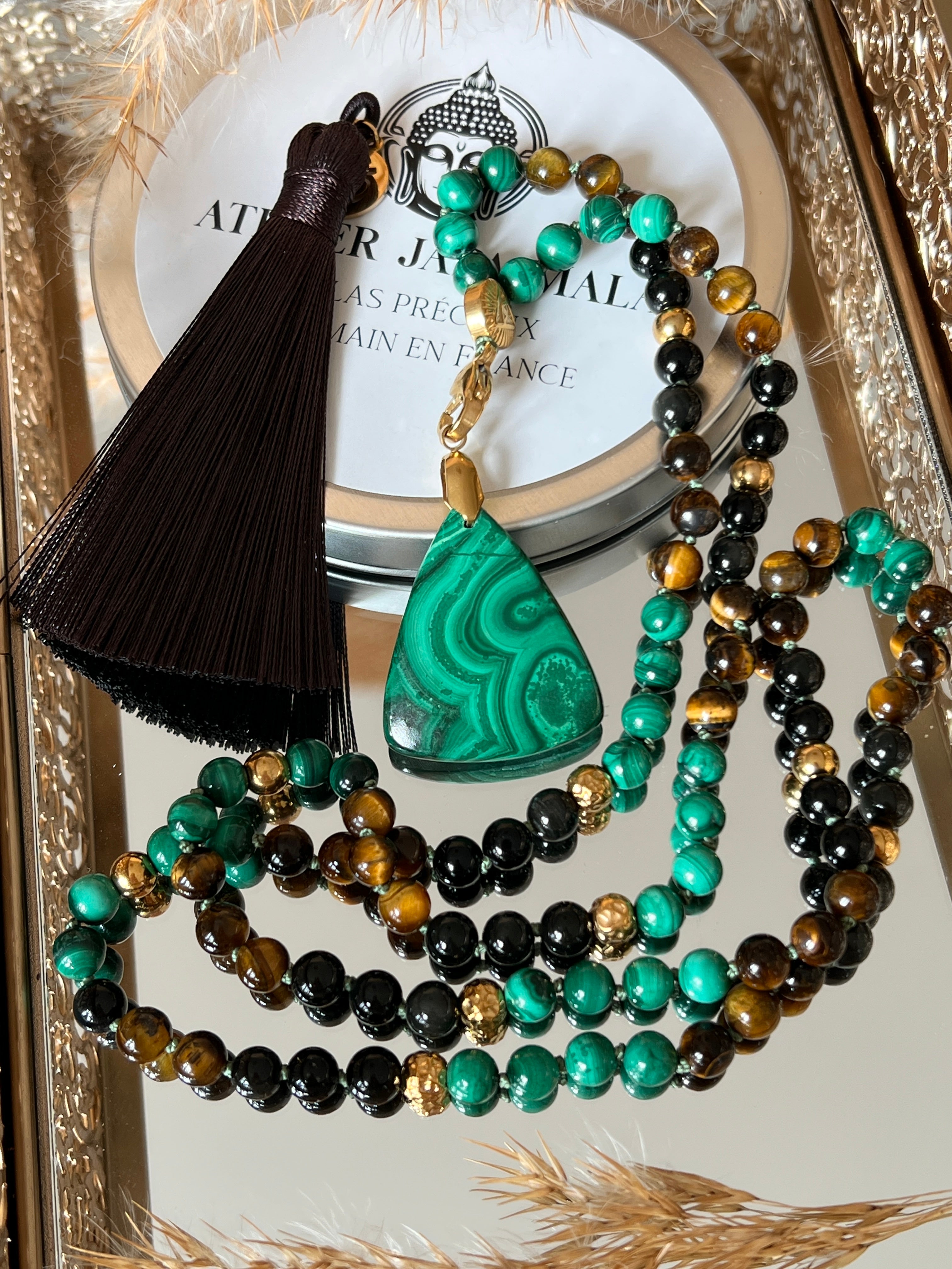 Mala n°52 - Transformation lucide - Obsidienne oeil céleste, Oeil de tigre et Malachite