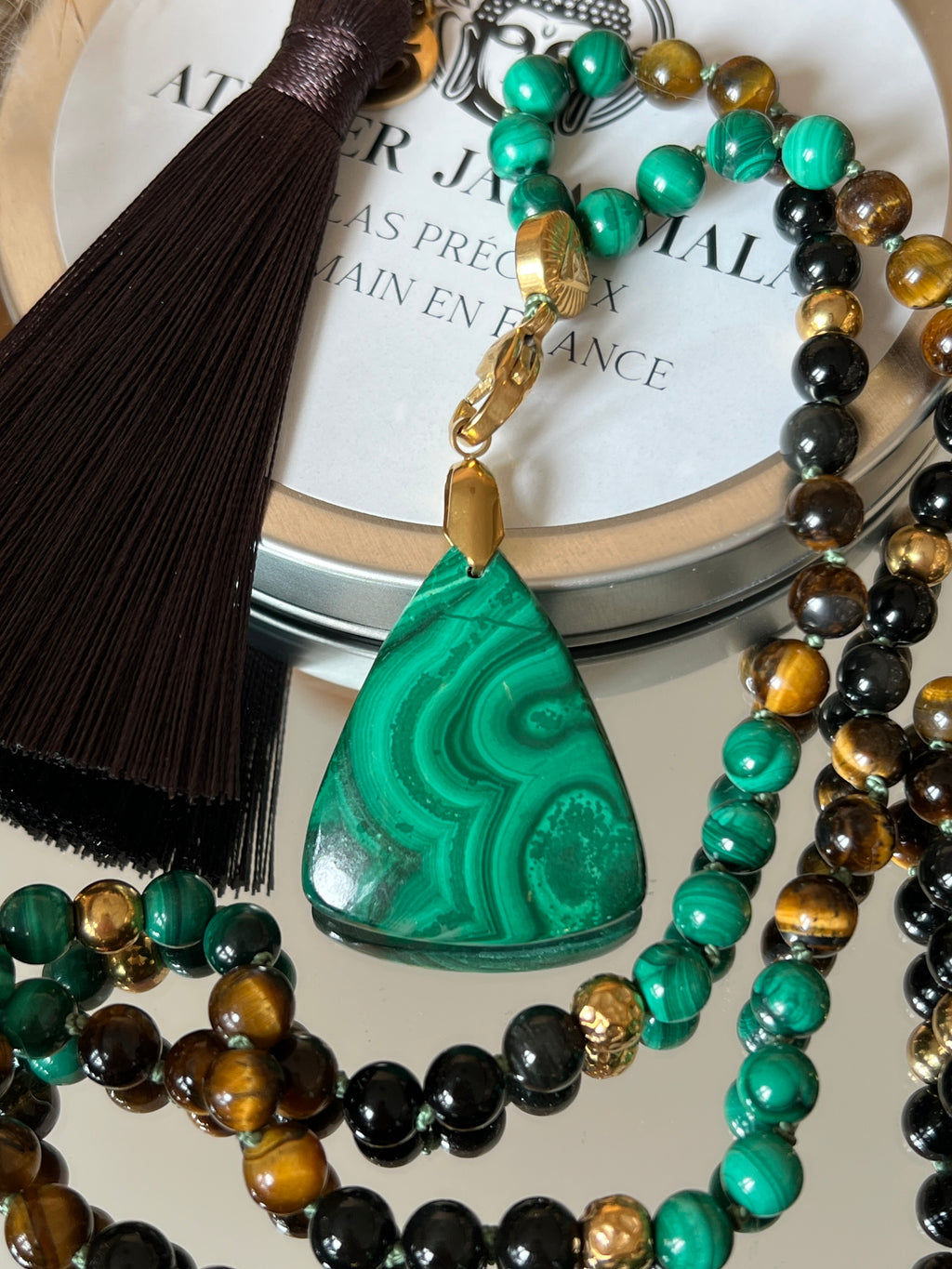 Mala n°52 - Transformation lucide - Obsidienne oeil céleste, Oeil de tigre et Malachite