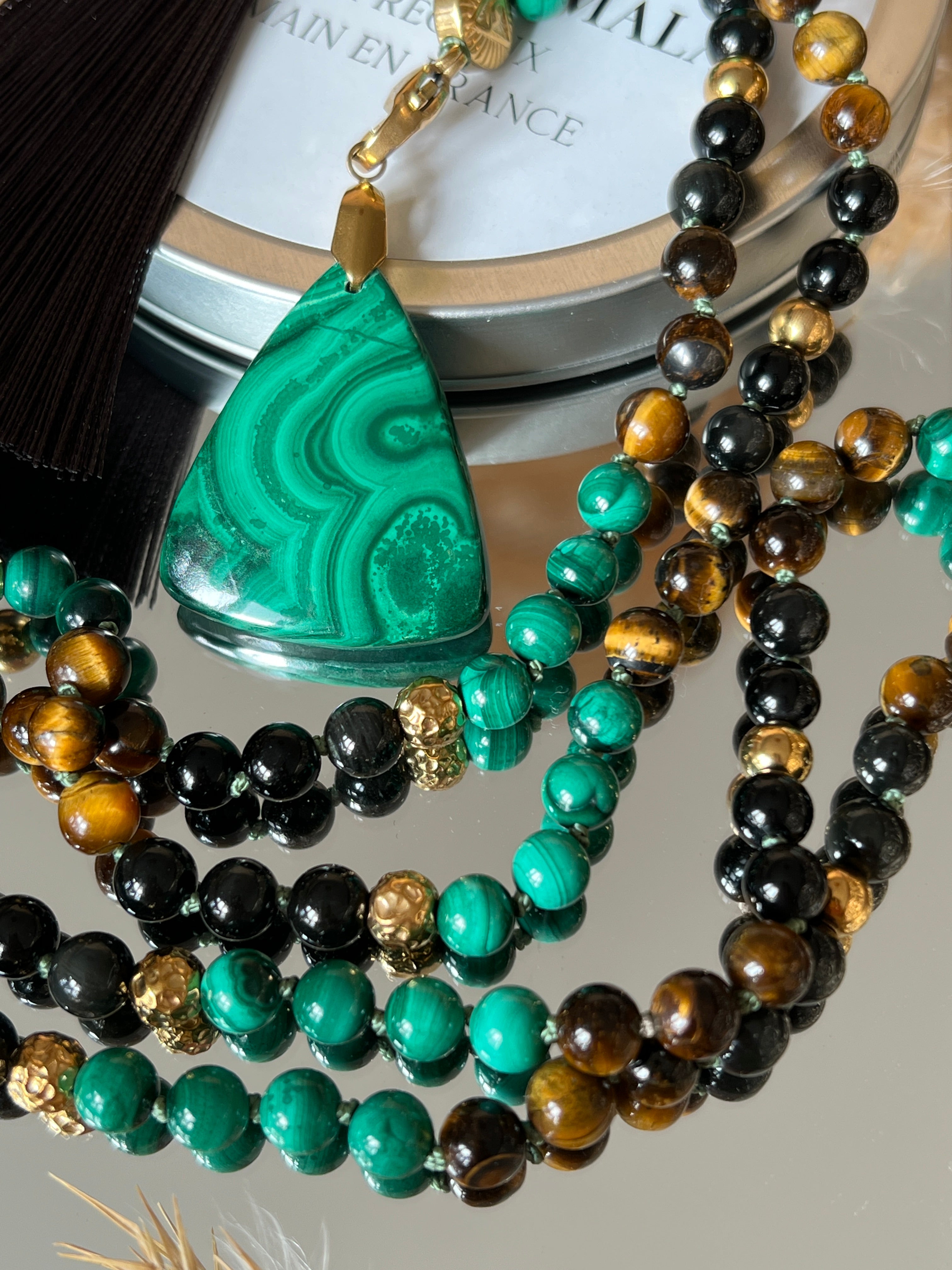 Mala n°52 - Transformation lucide - Obsidienne oeil céleste, Oeil de tigre et Malachite
