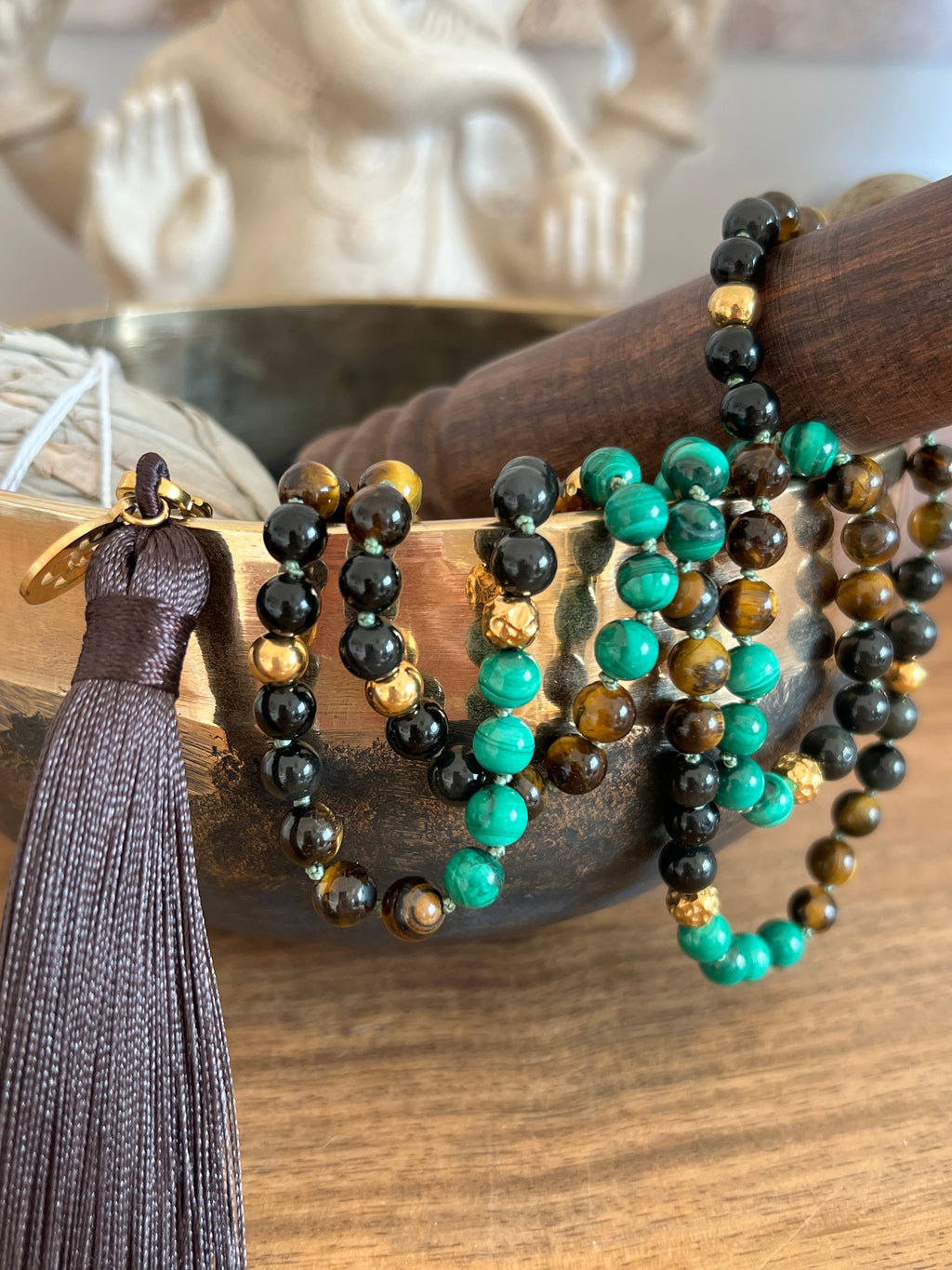 Mala n°52 - Transformation lucide - Obsidienne oeil céleste, Oeil de tigre et Malachite