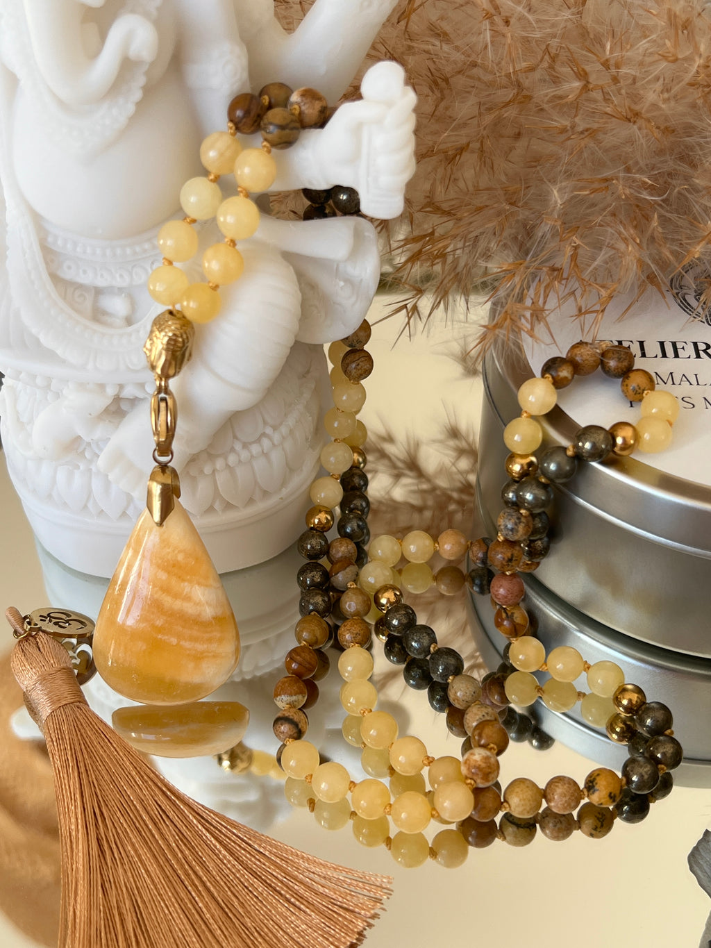 Mala n°49- Expansion solide - Aventurine jaune, Jaspe paysage et Pyrite