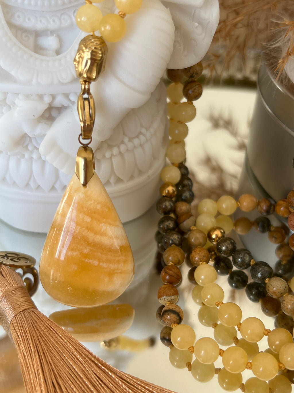 Mala n°49- Expansion solide - Aventurine jaune, Jaspe paysage et Pyrite