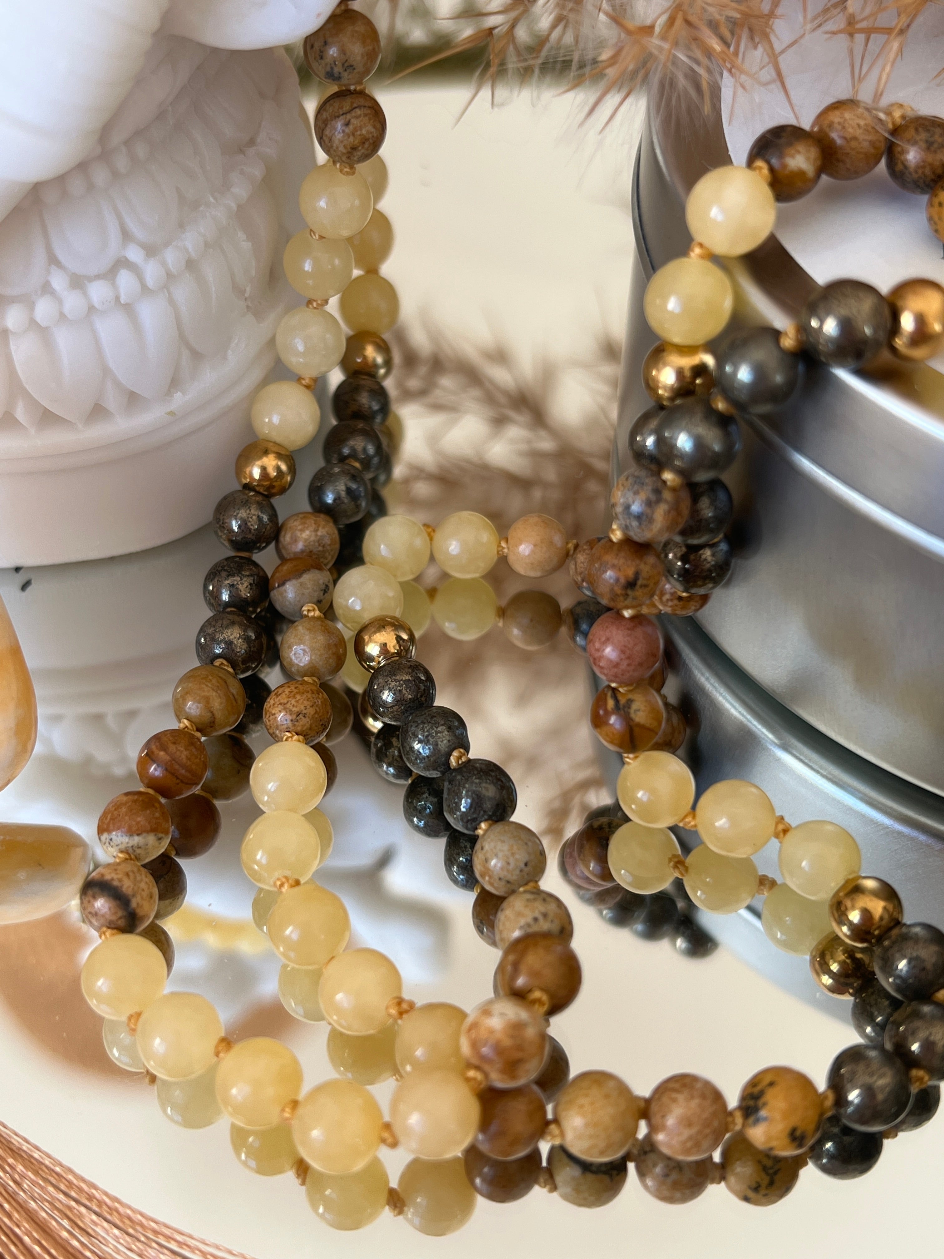 Mala n°49- Expansion solide - Aventurine jaune, Jaspe paysage et Pyrite