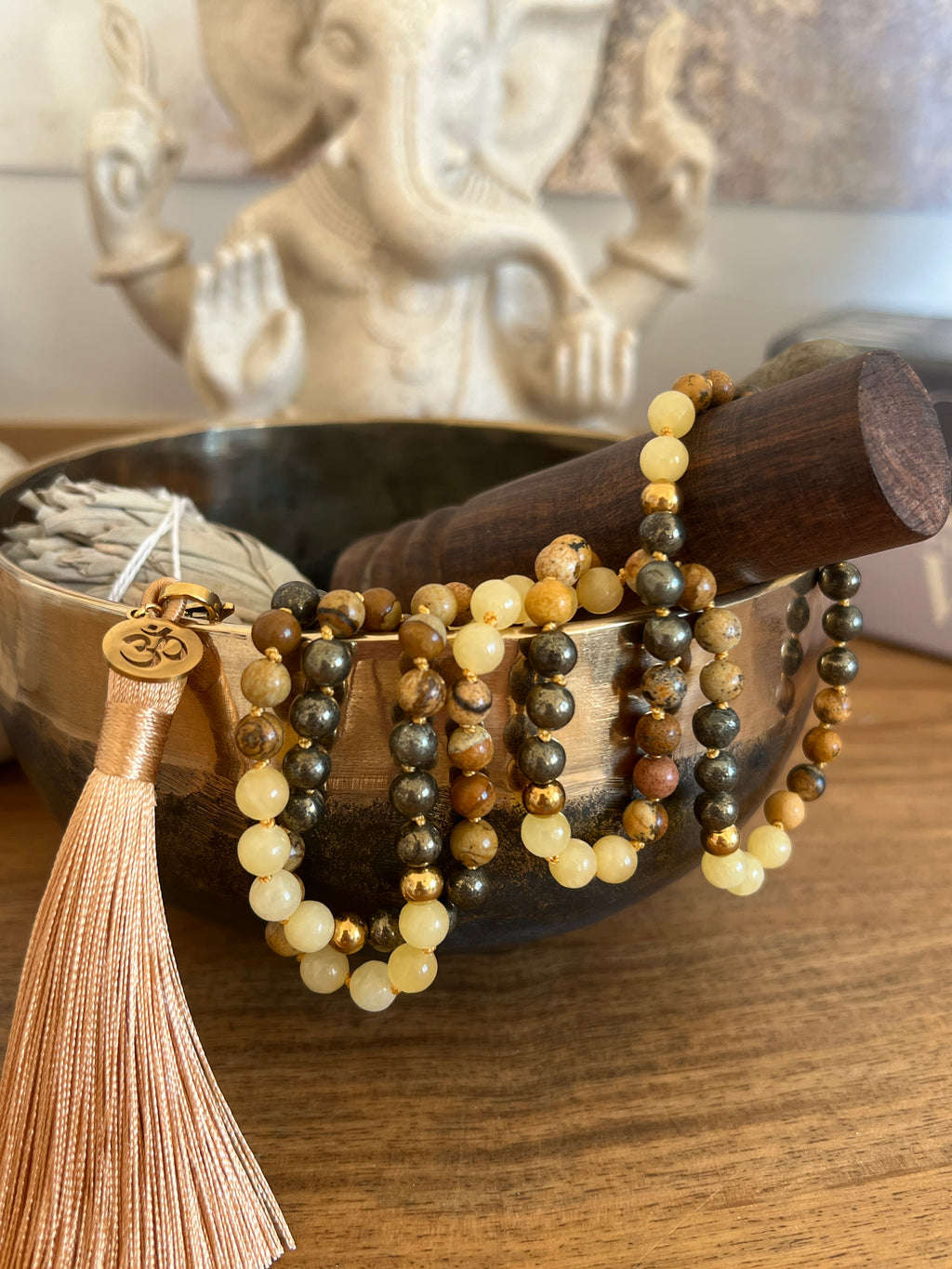 Mala n°49- Expansion solide - Aventurine jaune, Jaspe paysage et Pyrite