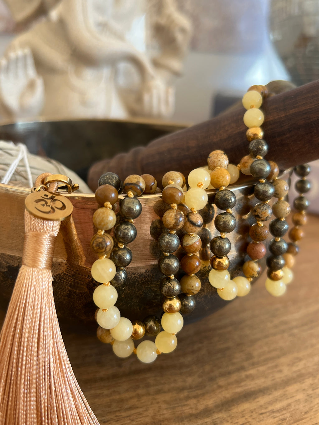 Mala n°49- Expansion solide - Aventurine jaune, Jaspe paysage et Pyrite