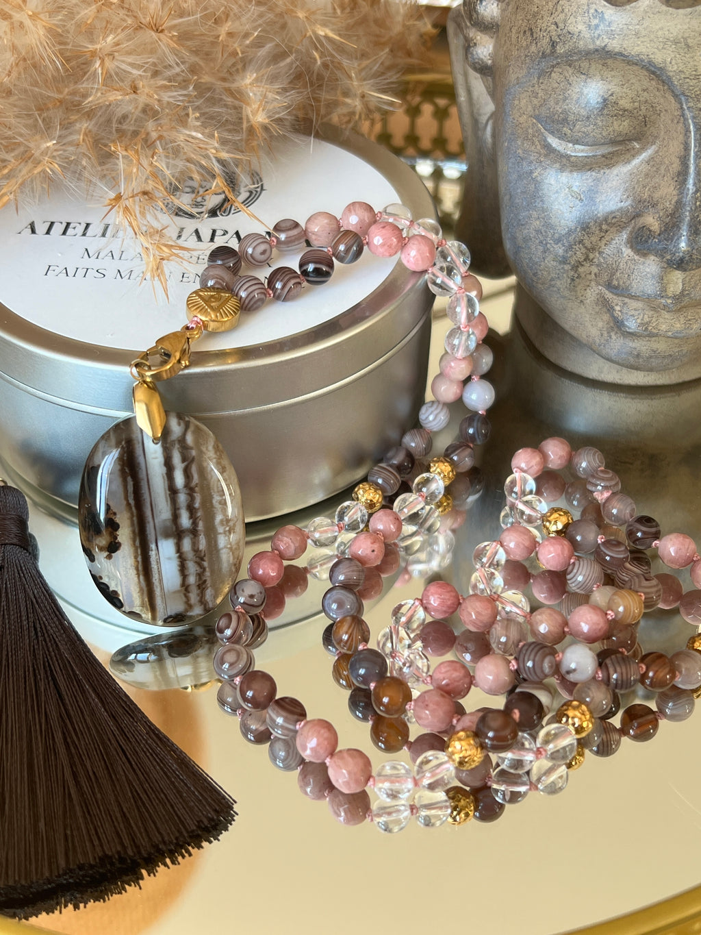 Mala n°47 - Emotions en équilibre - Agate du Botswana, Cristal de roche et Rhodonite