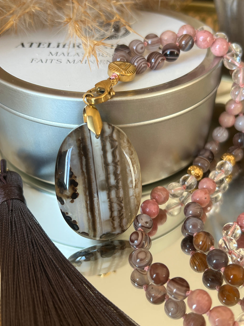 Mala n°47 - Emotions en équilibre - Agate du Botswana, Cristal de roche et Rhodonite