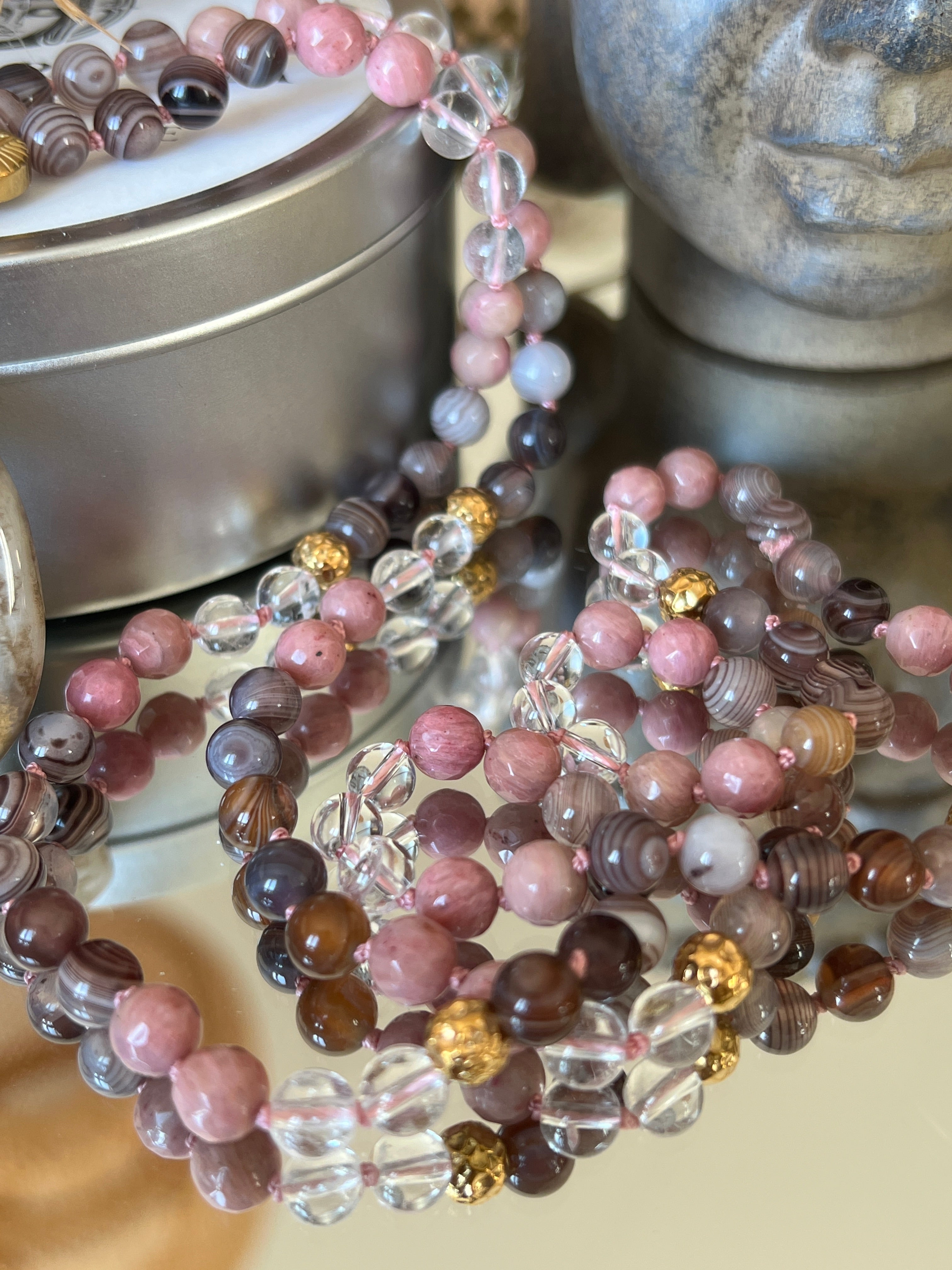 Mala n°47 - Emotions en équilibre - Agate du Botswana, Cristal de roche et Rhodonite