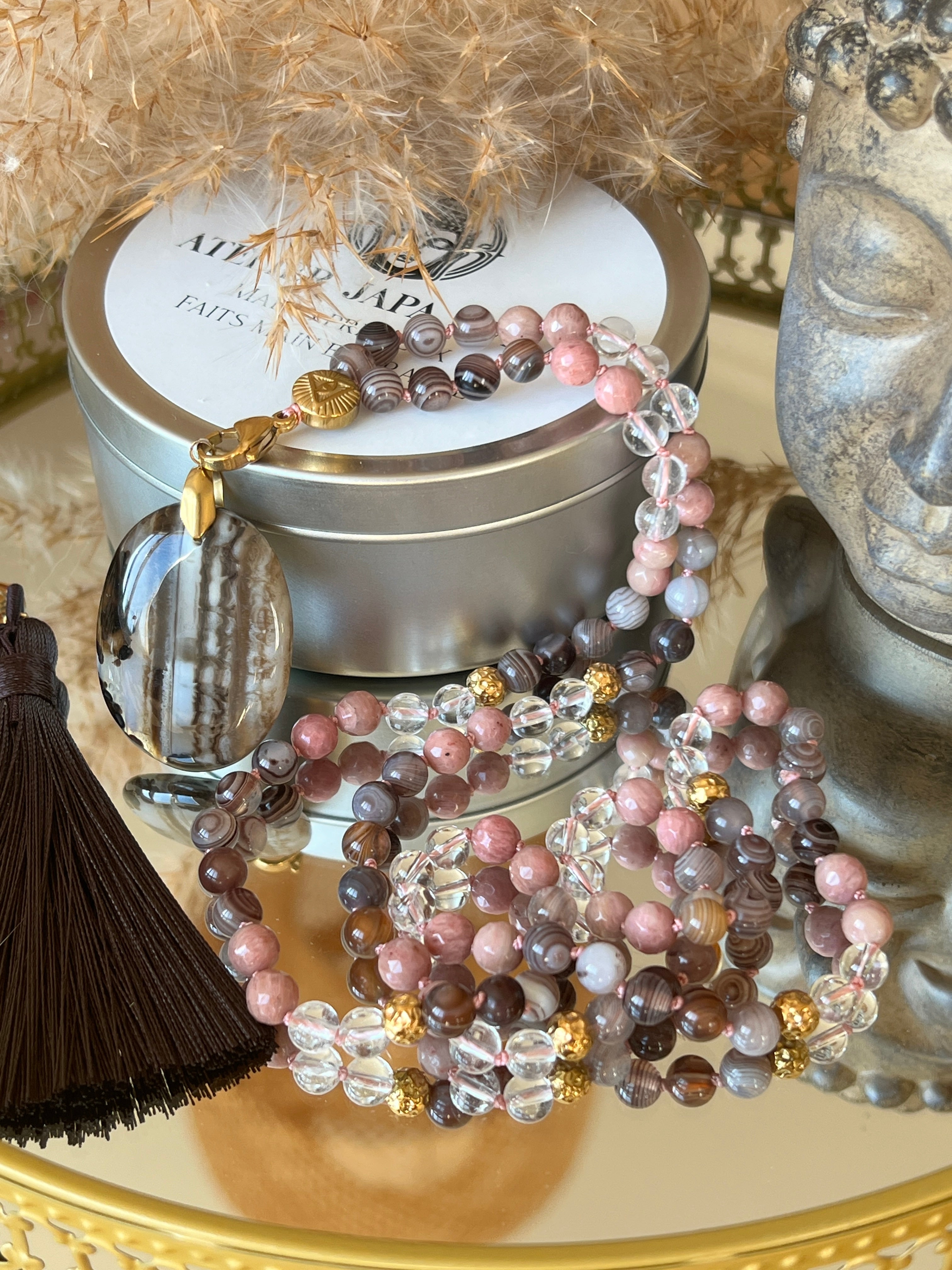 Mala n°47 - Emotions en équilibre - Agate du Botswana, Cristal de roche et Rhodonite