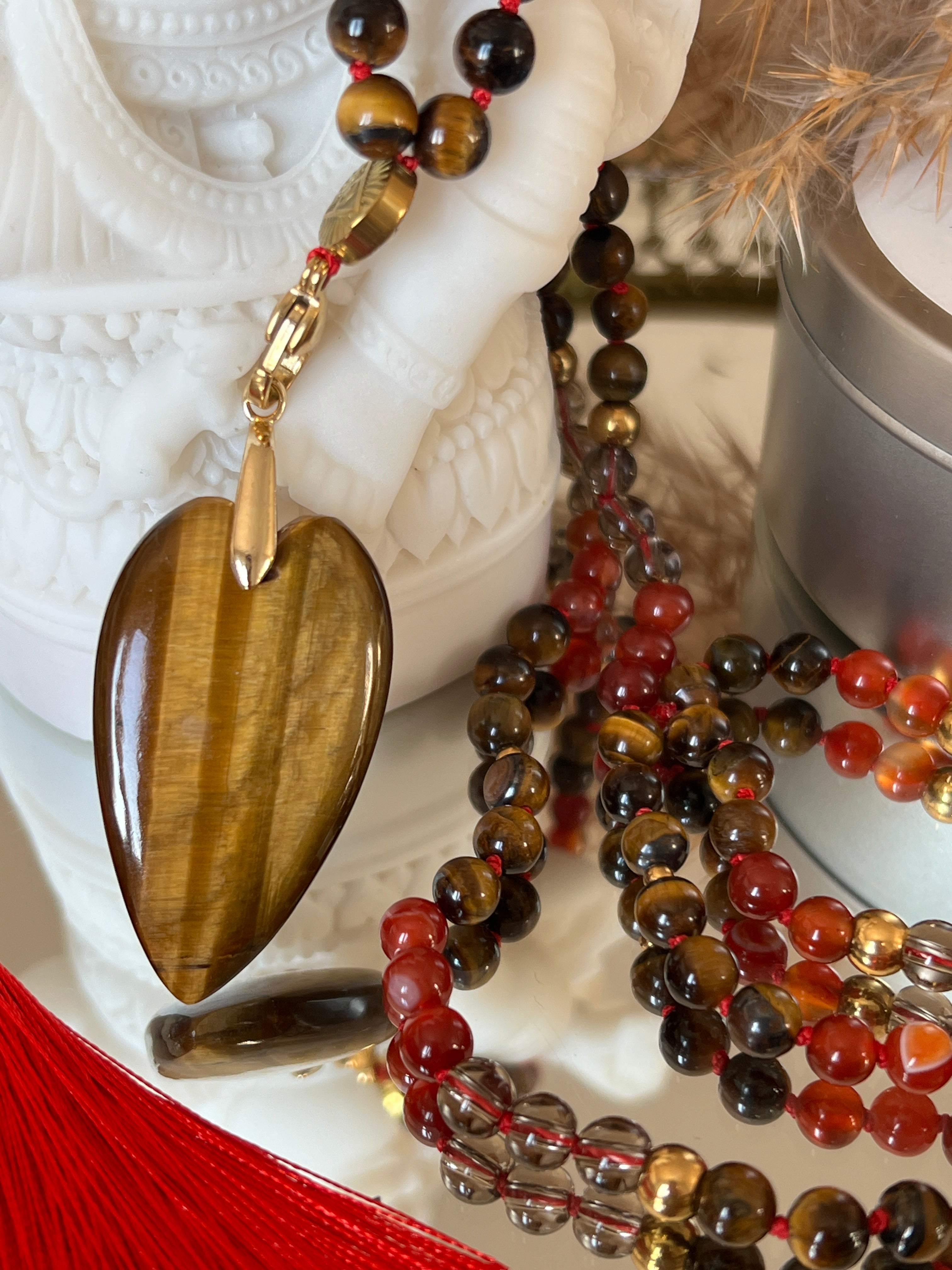 Mala n°55 - Puissance vitale - Cornaline, Oeil de tigre et Quartz fumé