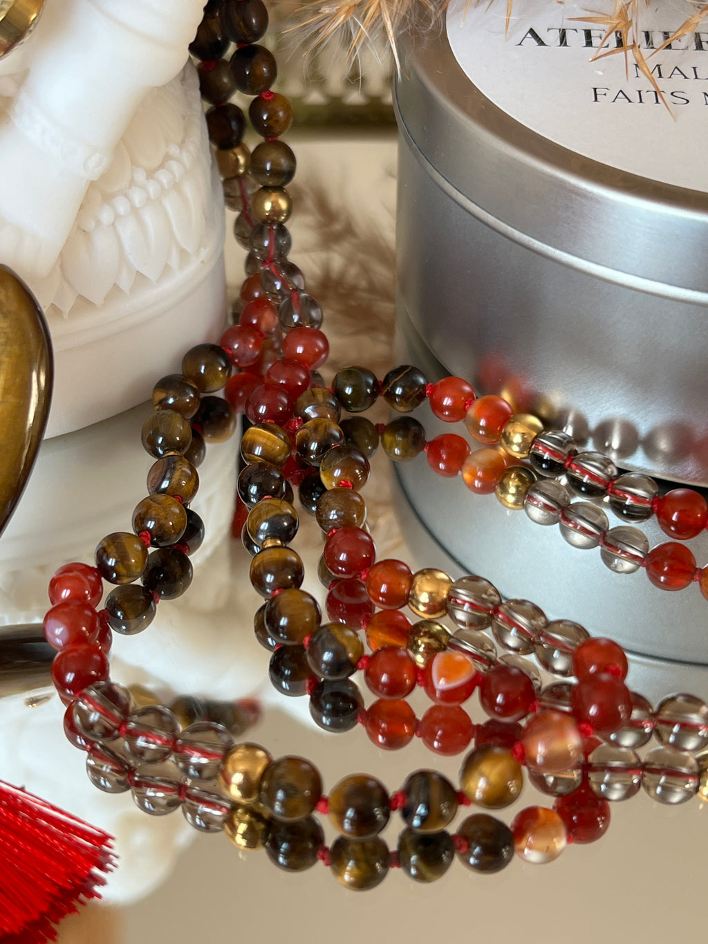 Mala n°55 - Puissance vitale - Cornaline, Oeil de tigre et Quartz fumé