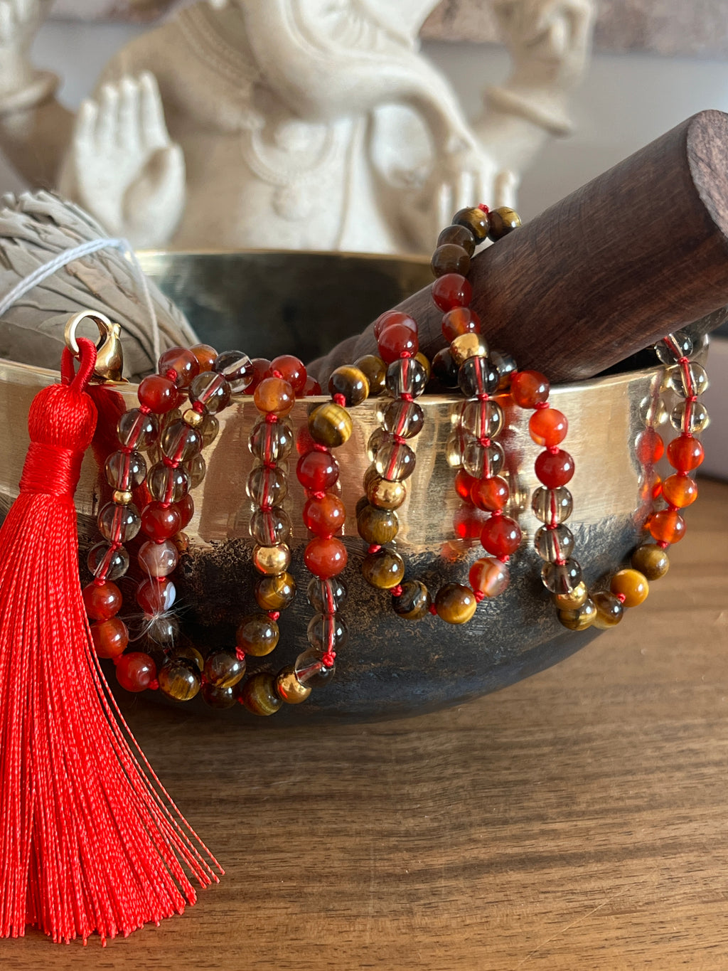 Mala n°55 - Puissance vitale - Cornaline, Oeil de tigre et Quartz fumé