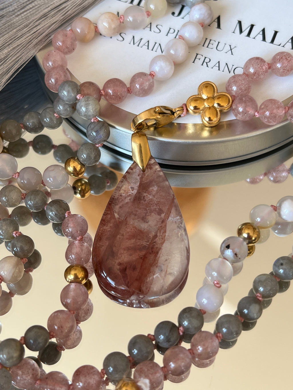 Mala n°50 - Lumière de coeur - Agate fleur de cerisier, Labradorite et Quartz fraise