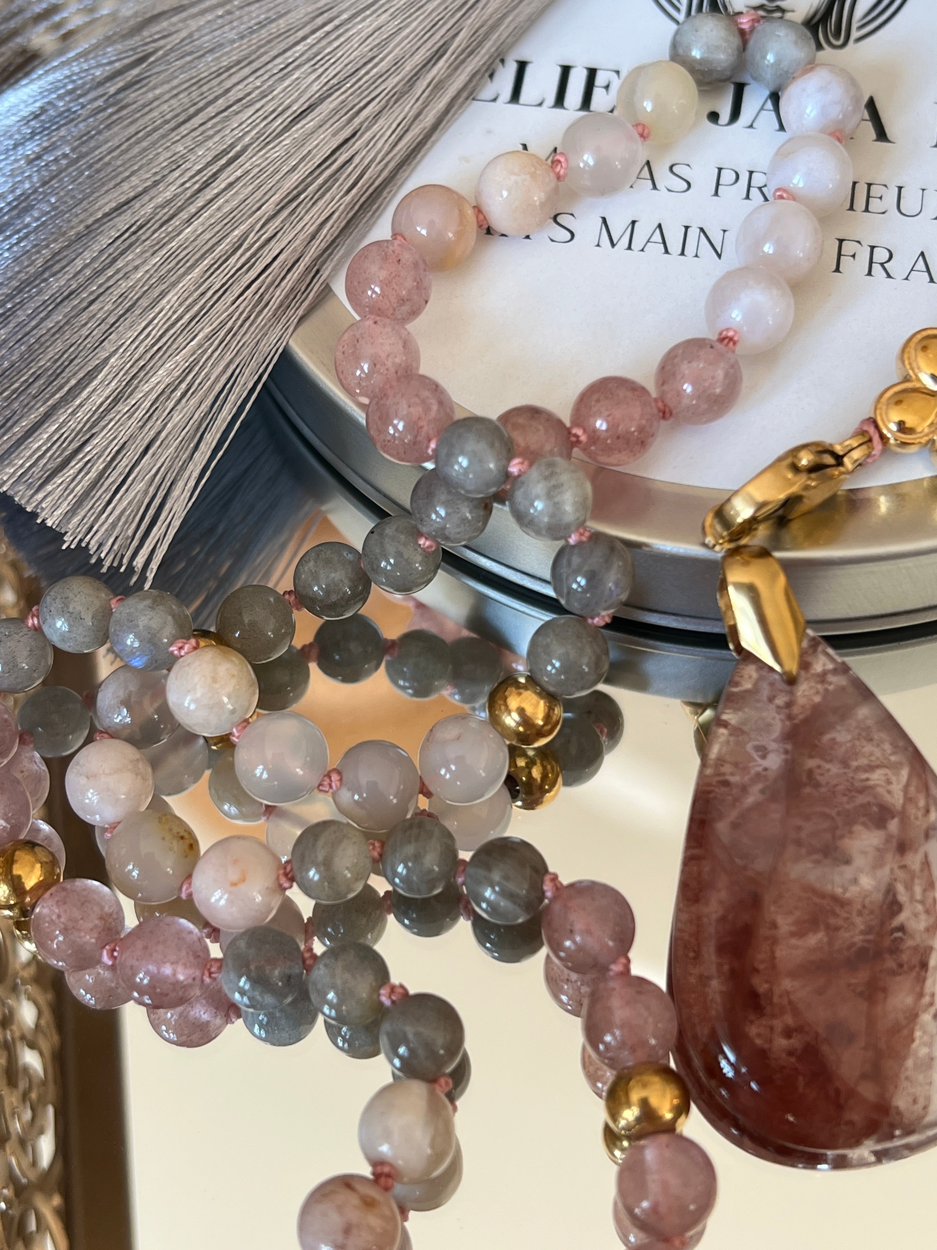 Mala n°50 - Lumière de coeur - Agate fleur de cerisier, Labradorite et Quartz fraise