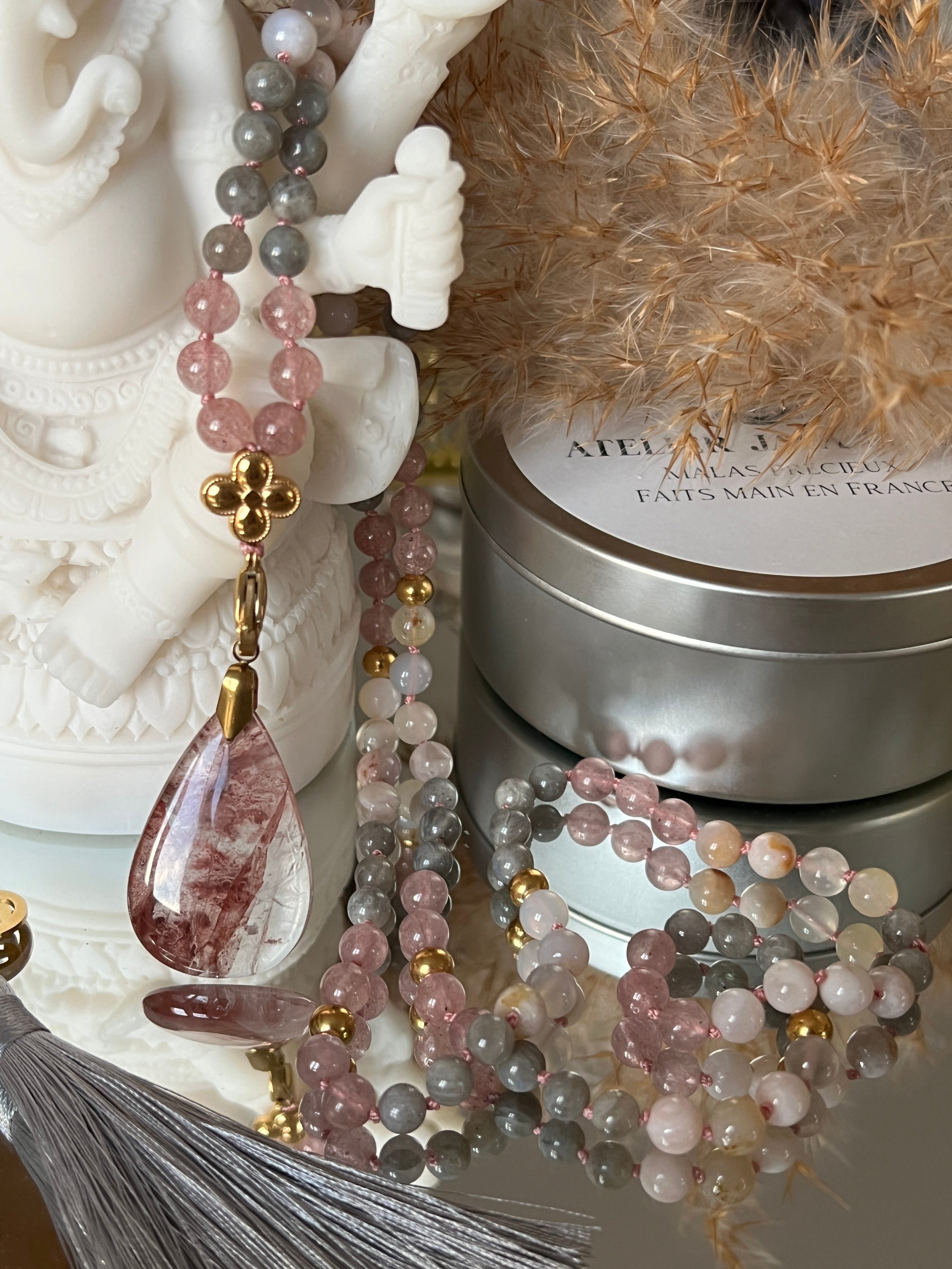 Mala n°50 - Lumière de coeur - Agate fleur de cerisier, Labradorite et Quartz fraise