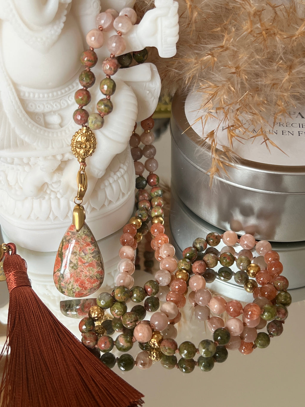 Mala n°53 - Renaissance émotionnelle - Unakite, Pierre de soleil et Pierre de lune