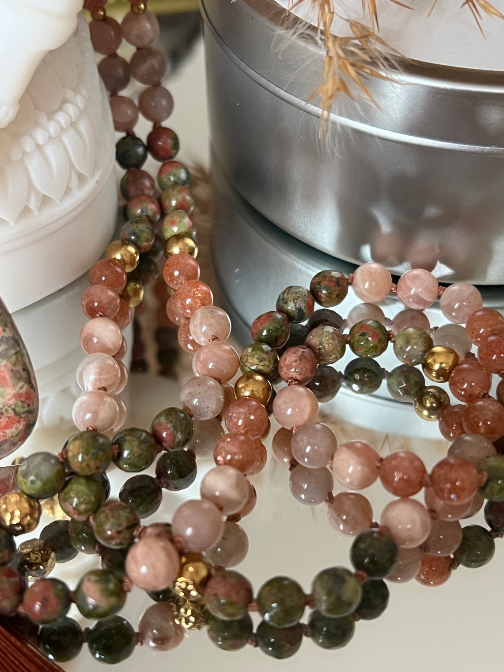 Mala n°53 - Renaissance émotionnelle - Unakite, Pierre de soleil et Pierre de lune