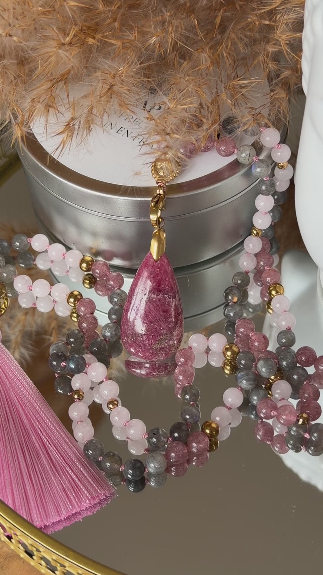 Mala n°135 - S'aimer - Labradorite, Quartz fraise et Quartz rose