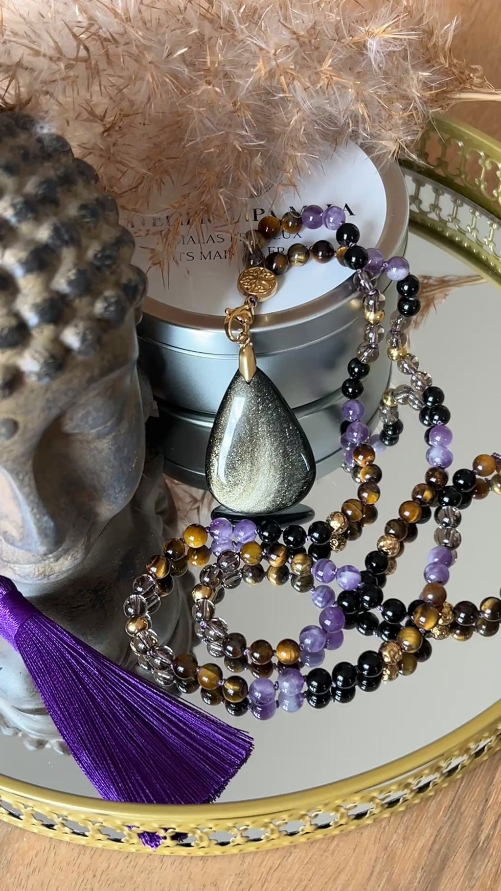 Mala n°46 - Bouclier souverain - Obsidienne noire, Oeil de tigre, Améthyste et Quartz fumé