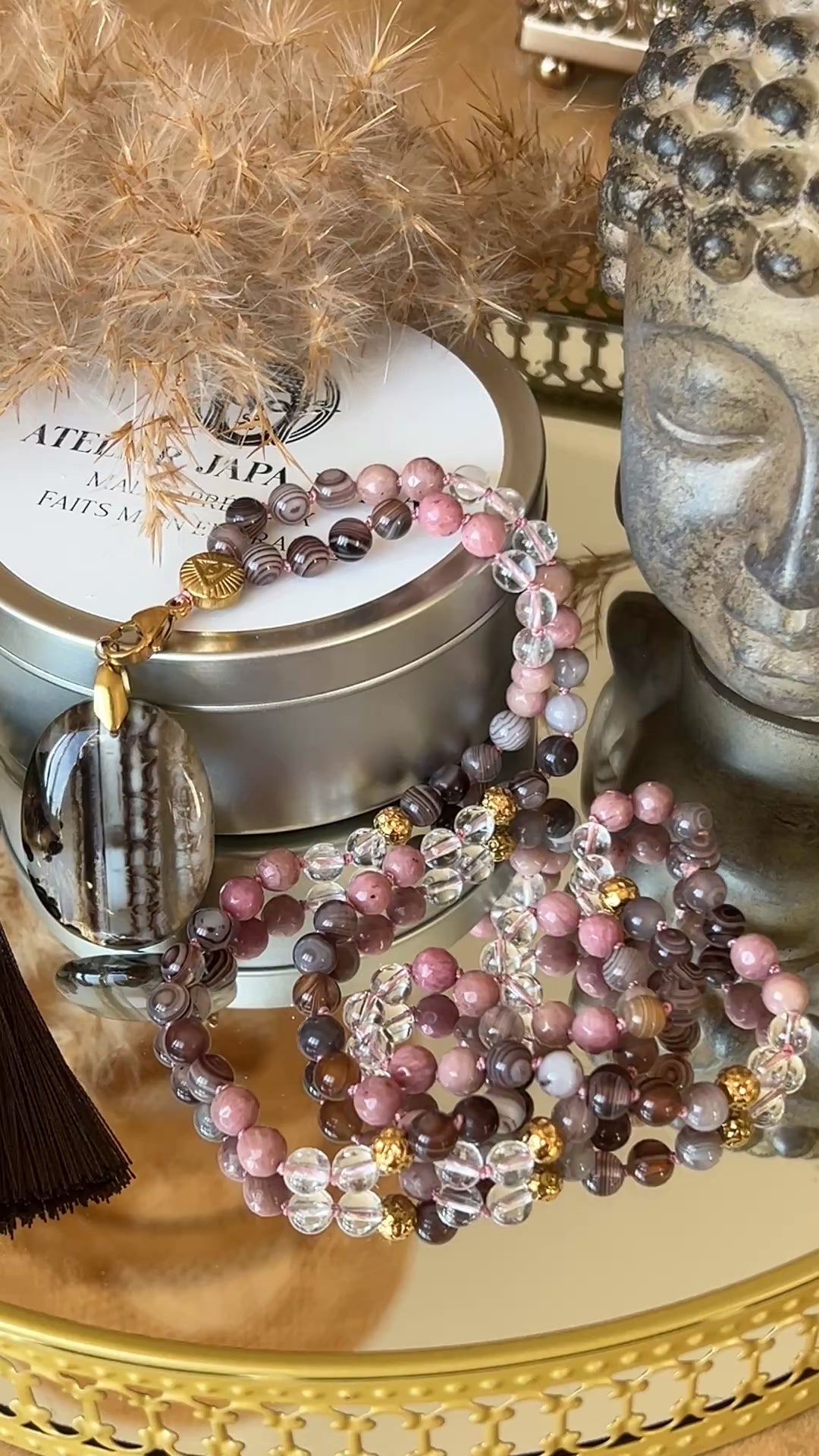 Mala n°47 - Emotions en équilibre - Agate du Botswana, Cristal de roche et Rhodonite