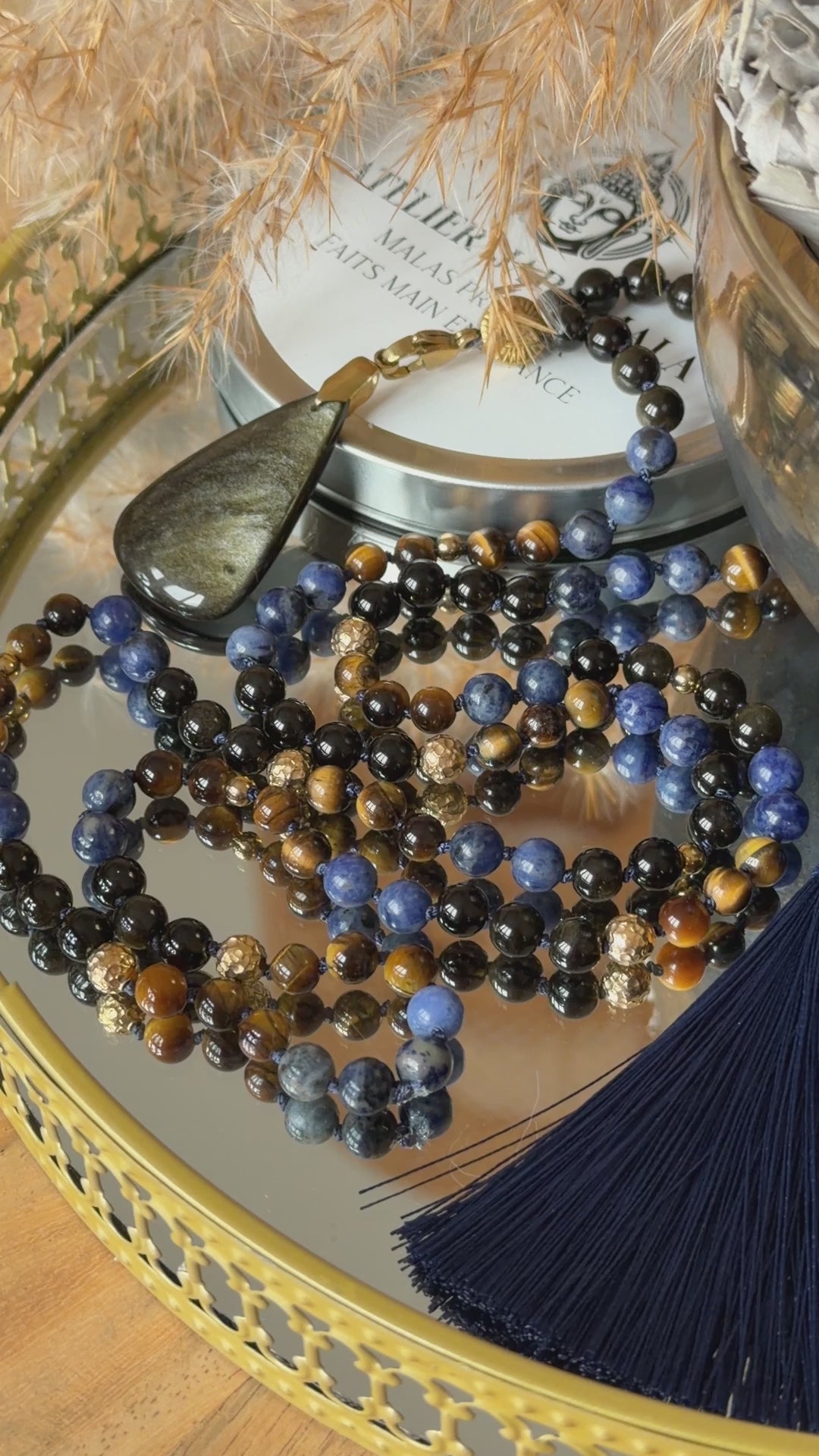Mala n°115 - Force et Clarté - Oeil de tigre, Obsidienne dorée et Sodalite