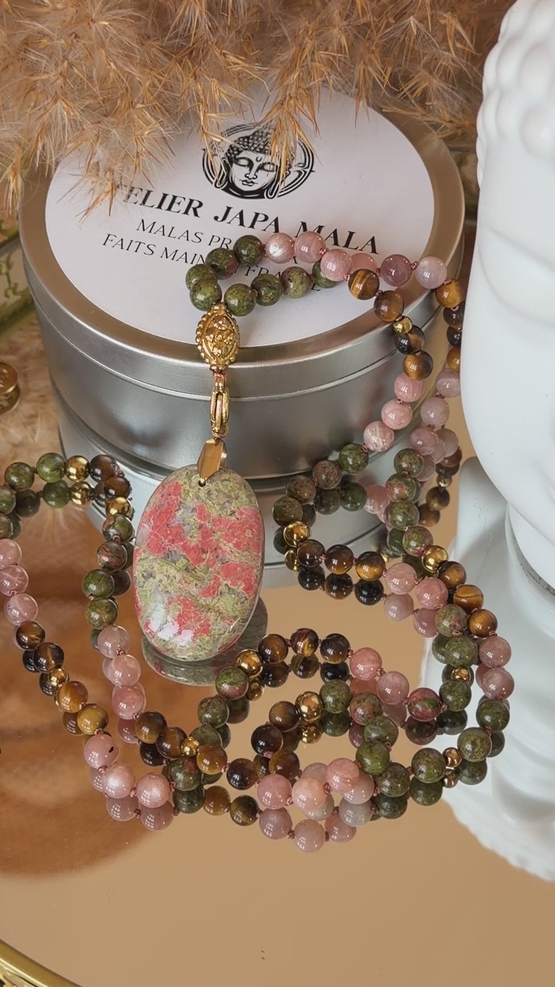 Mala n°123 - Renaissance intérieure - Unakite, Pierre de lune et Oeil de tigre