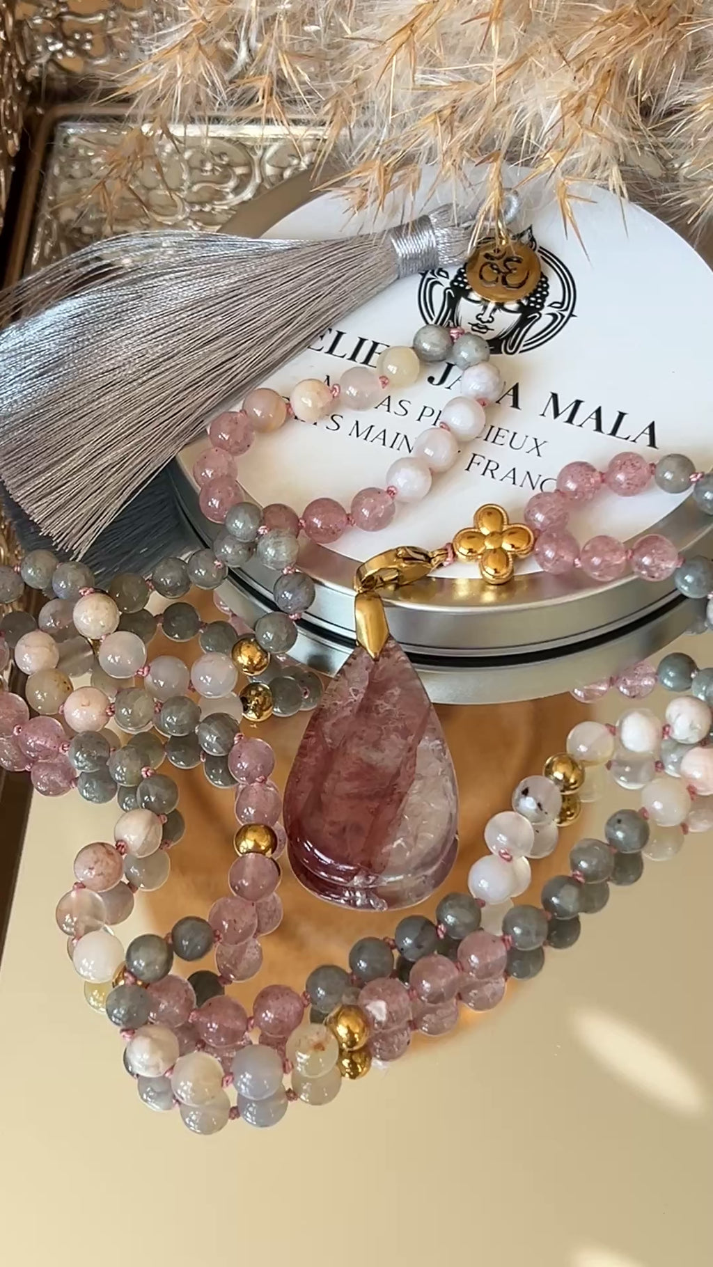Mala n°50 - Lumière de coeur - Agate fleur de cerisier, Labradorite et Quartz fraise