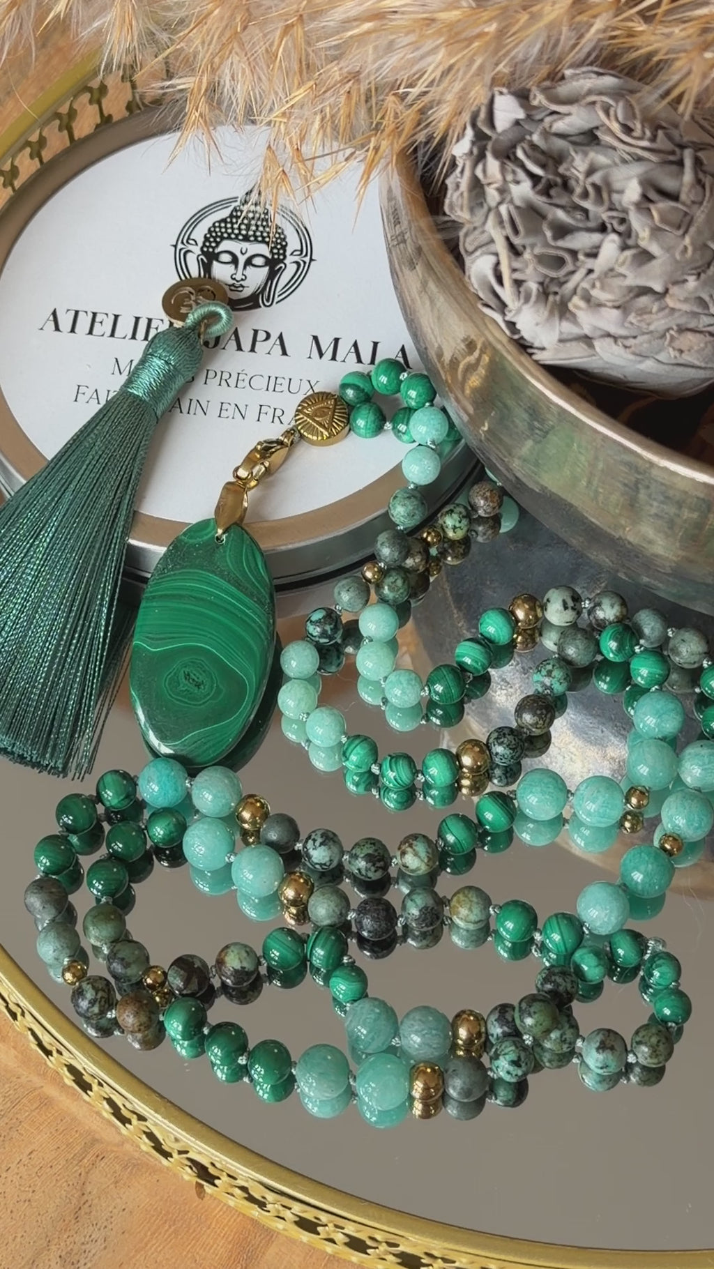 Mala n°108 - (Re)lâcher la pression mentale - Malachite, Amazonite du Pérou et Turquoise d'Afrique