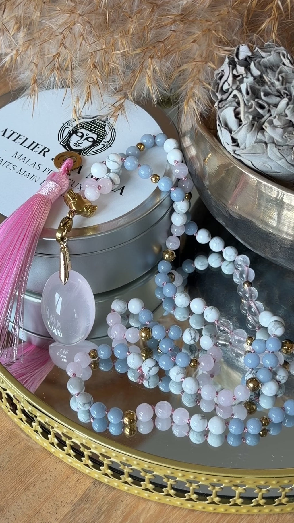 Mala n°105 - Voix intérieure - Angélite, Howlite et Quartz rose