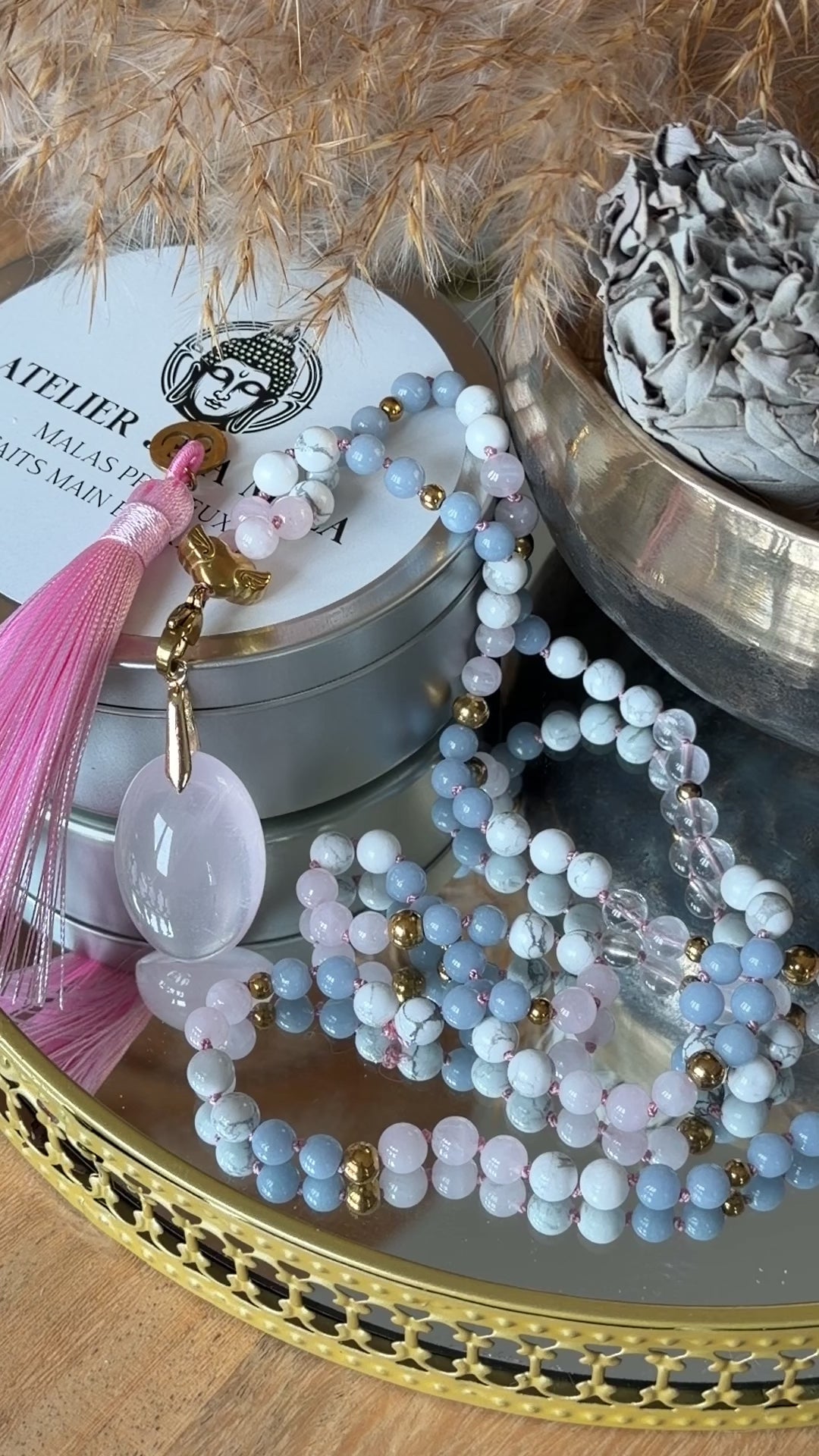 Mala n°105 - Voix intérieure - Angélite, Howlite et Quartz rose