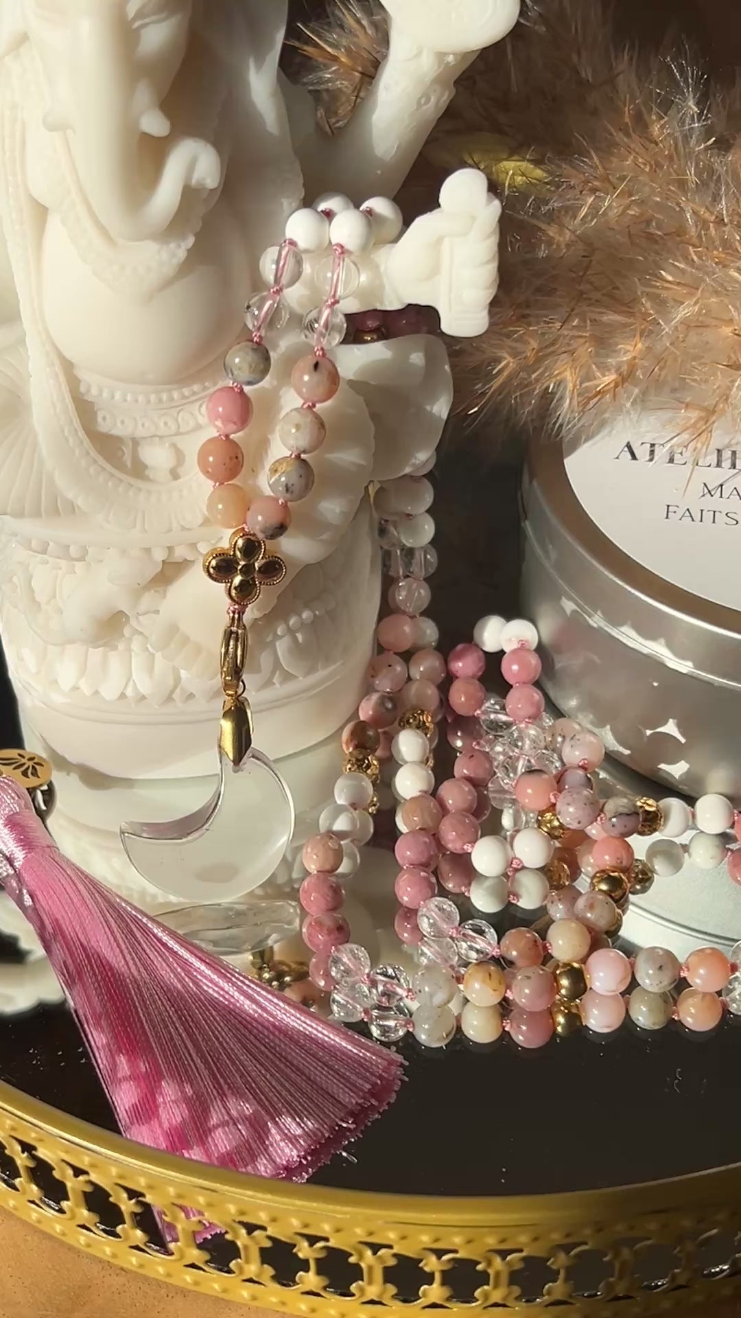 Mala n°45 - Réconciliation du coeur - Opale rose, Magnésite, Cristal de roche et Rhodonite