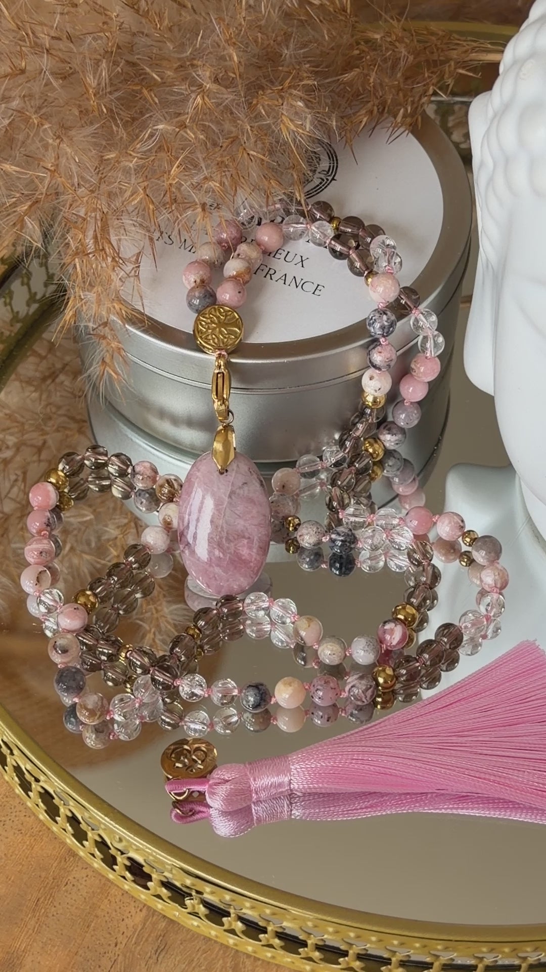 Mala n°137 - Nouveau souffle - Opale rose, Quartz fumé et Cristal de roche