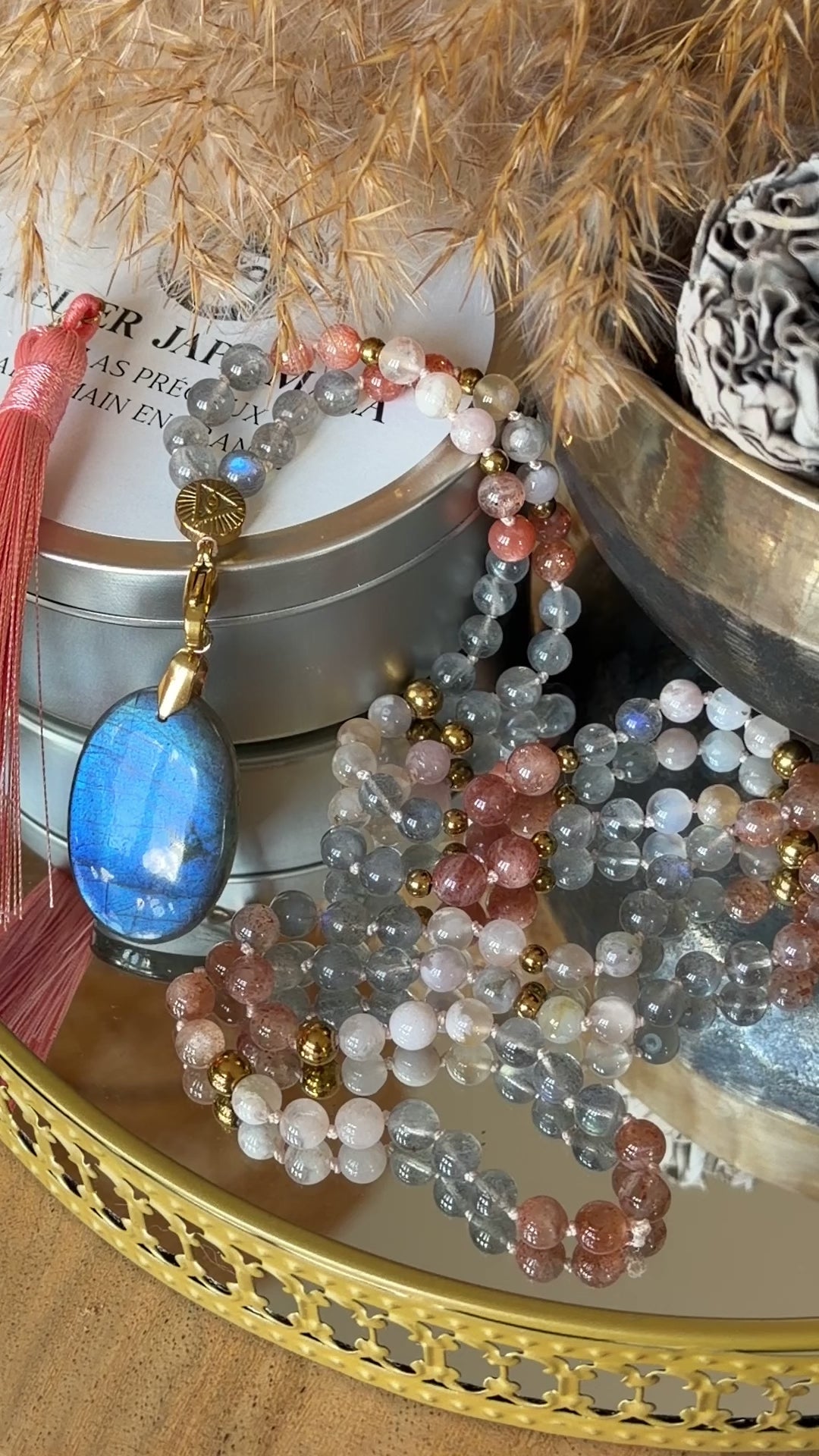 Mala n°104 - Retrouver la lumière - Labradorite, Pierre de soleil et Agate fleur de cerisier